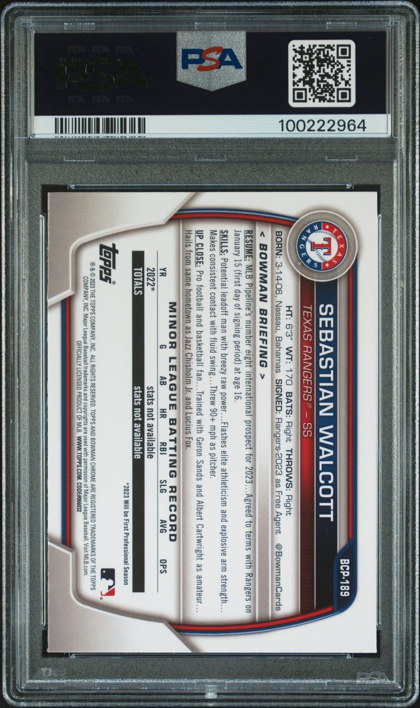 2023 Bowman Mega Box Chrome #189 Sebastian Walcott PSA 10