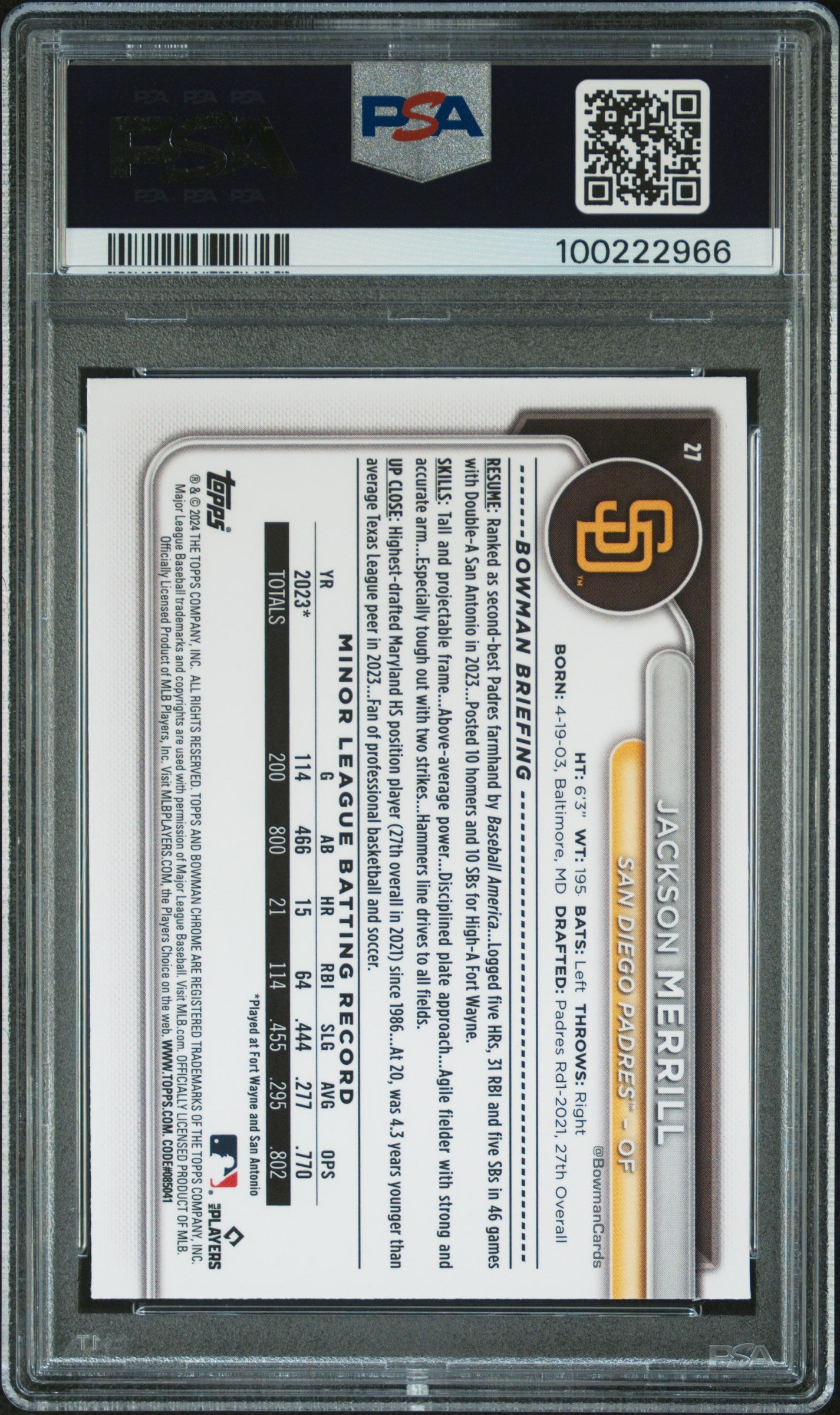 2024 Bowman Chrome #27 Jackson Merrill Fuchsia Refractor PSA 10