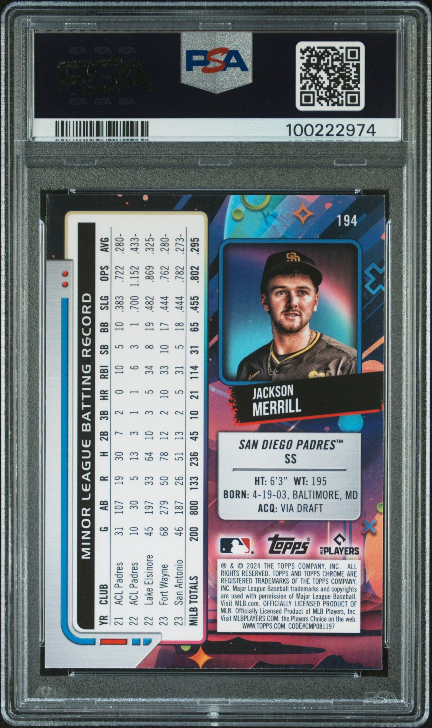 2024 Topps Chrome Cosmic #194 Jackson Merrill PSA 8