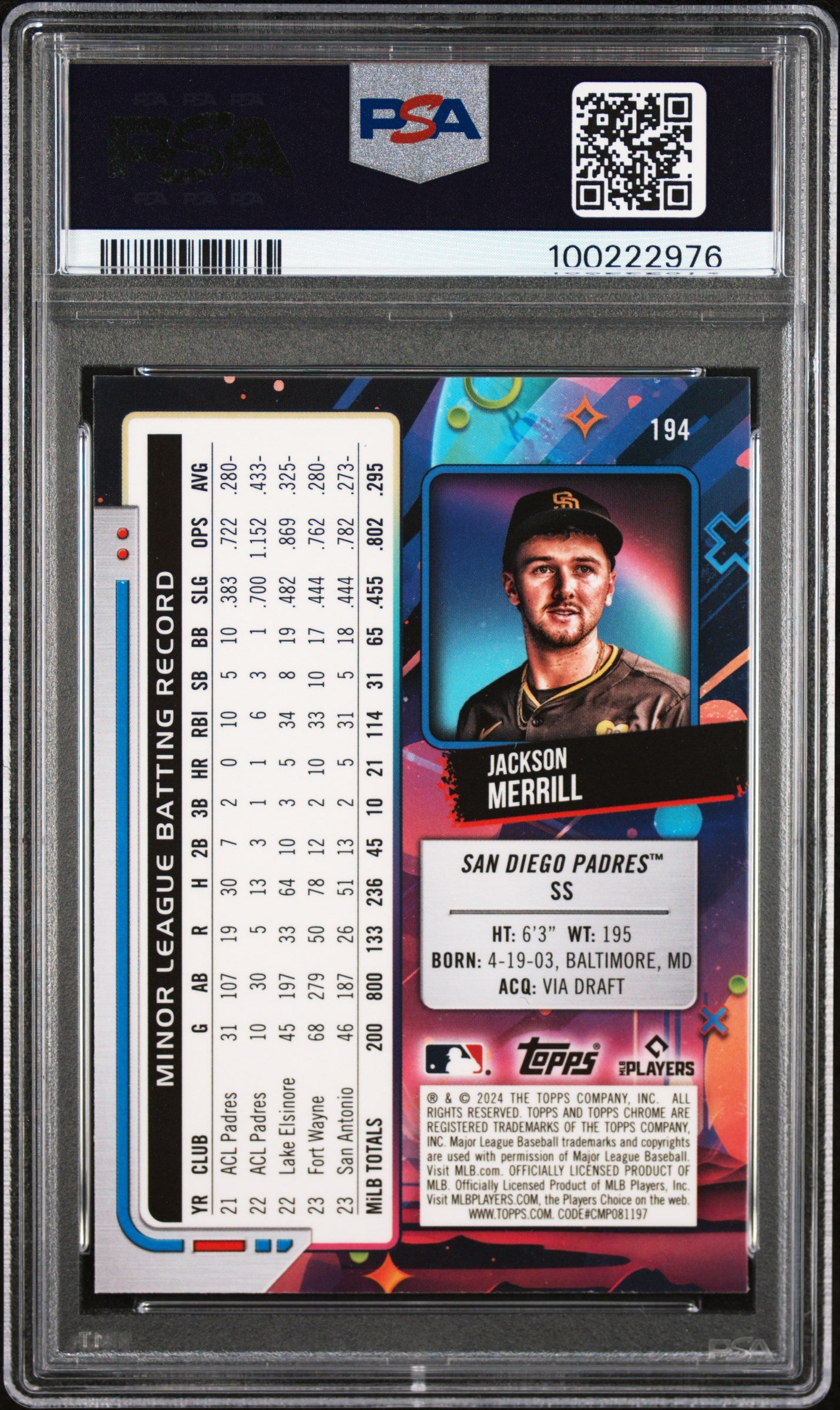 2024 Topps Chrome Cosmic #194 Jackson Merrill PSA 8