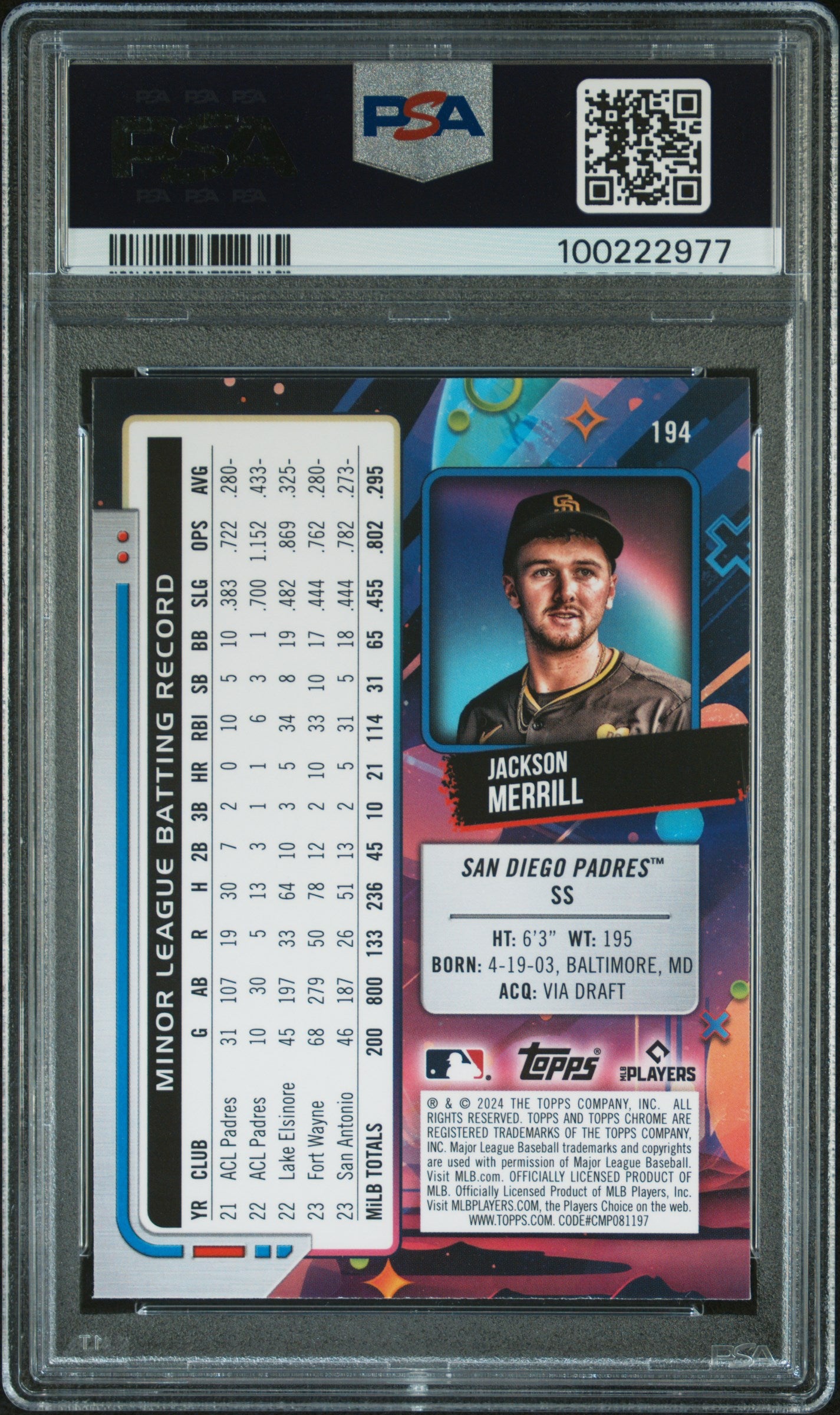 2024 Topps Chrome Cosmic #194 Jackson Merrill PSA 9