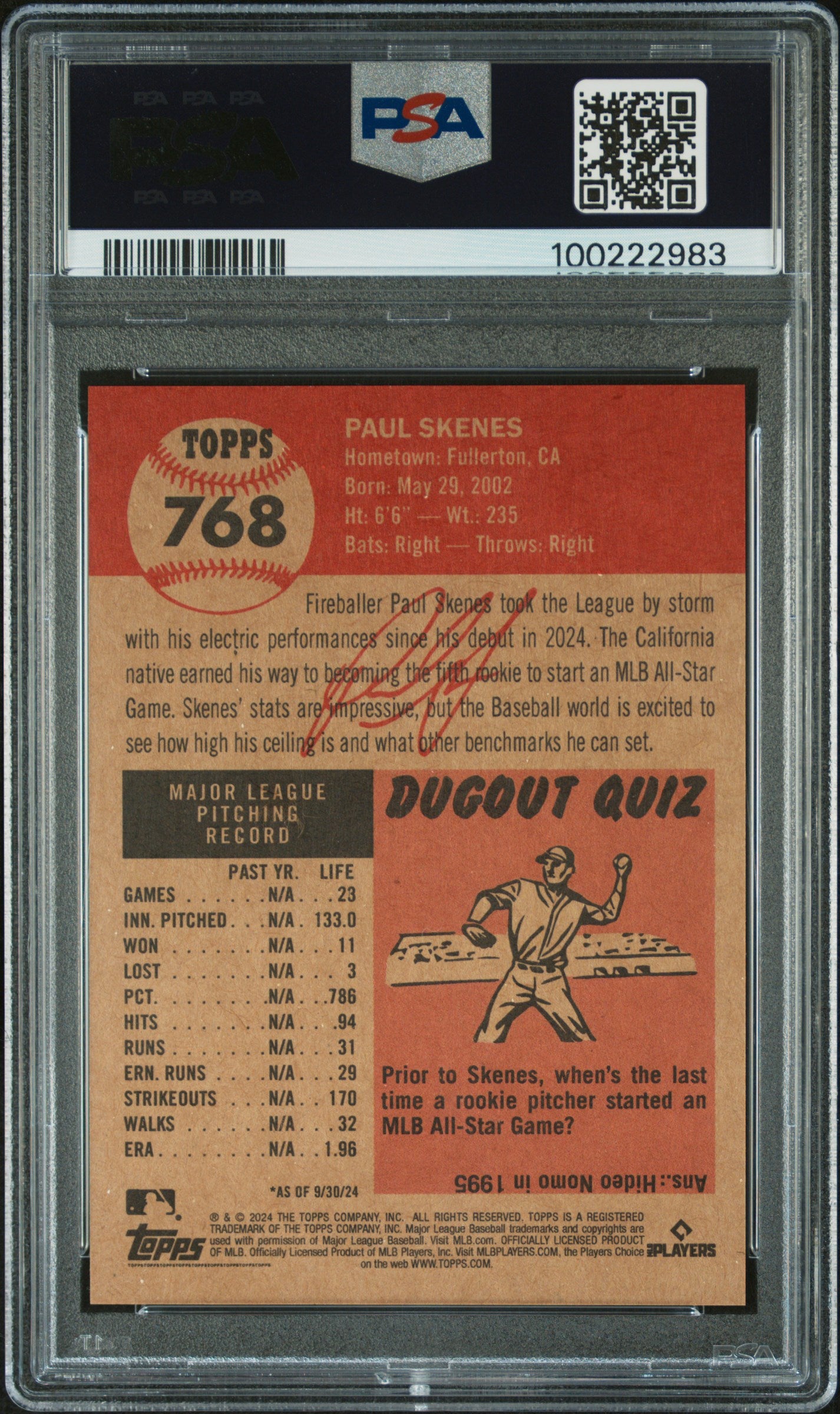 2024 Topps Living #768 Paul Skenes PSA 9