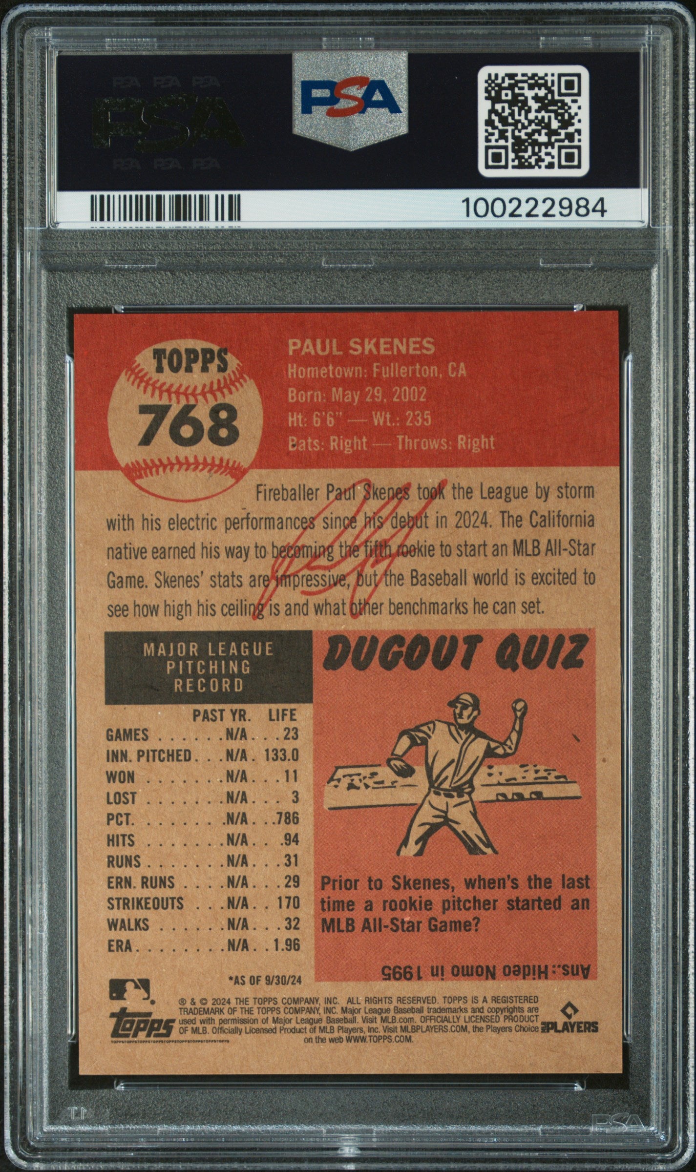 2024 Topps Living #768 Paul Skenes PSA 9
