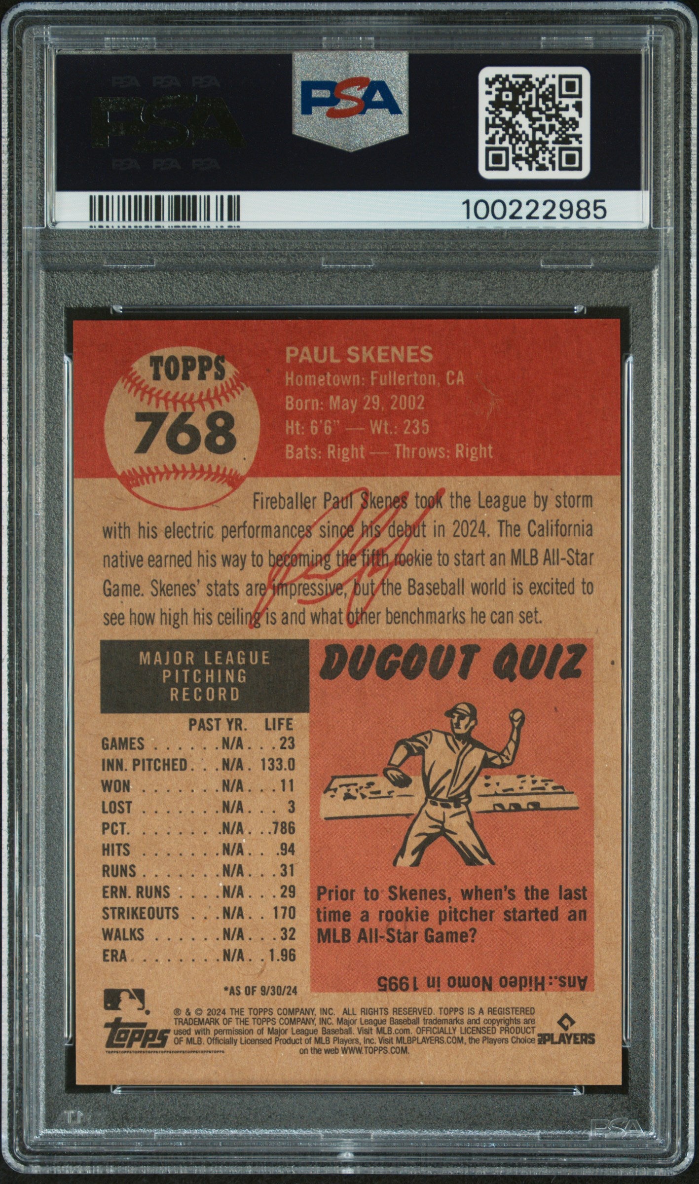 2024 Topps Living #768 Paul Skenes PSA 9