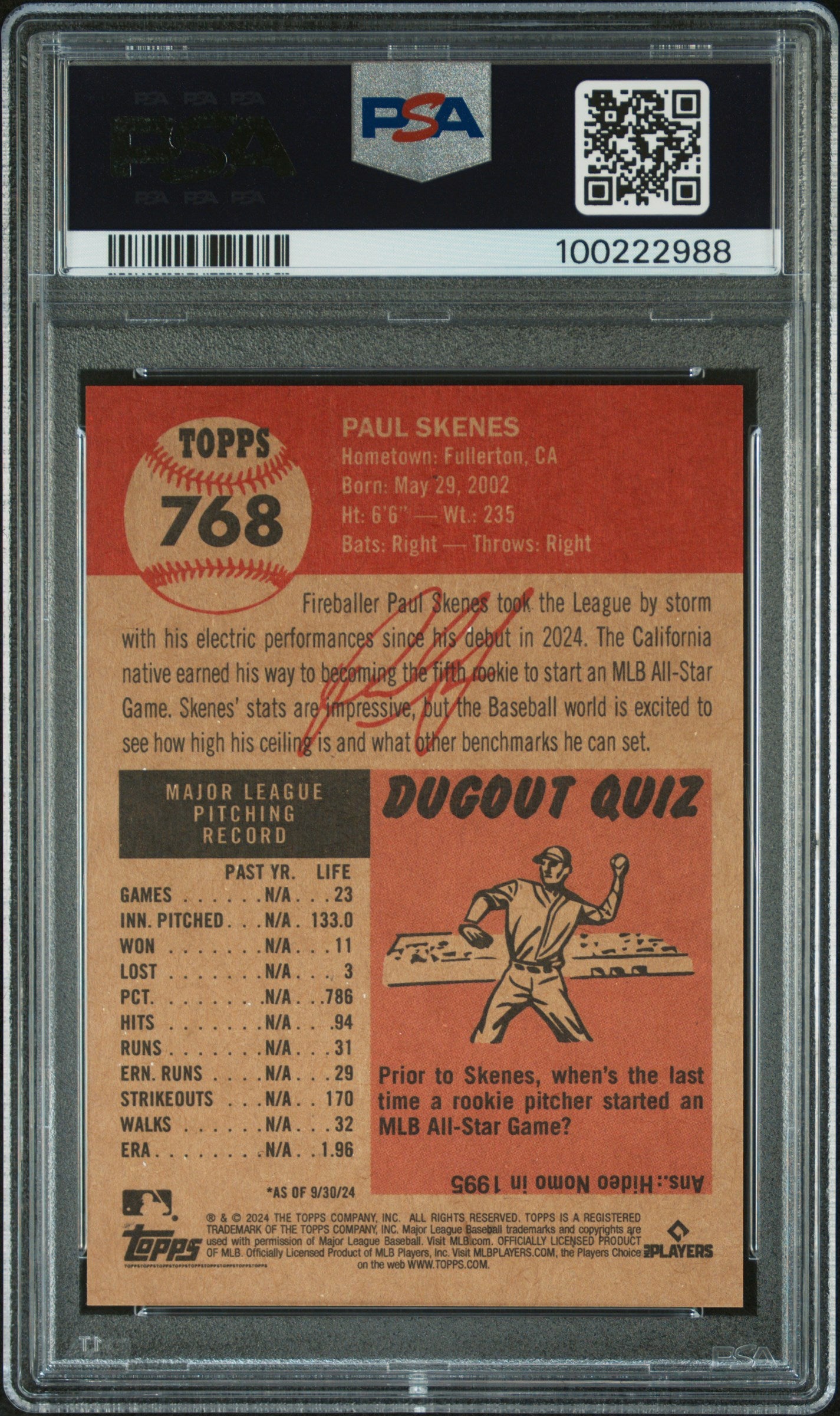 2024 Topps Living #768 Paul Skenes PSA 9