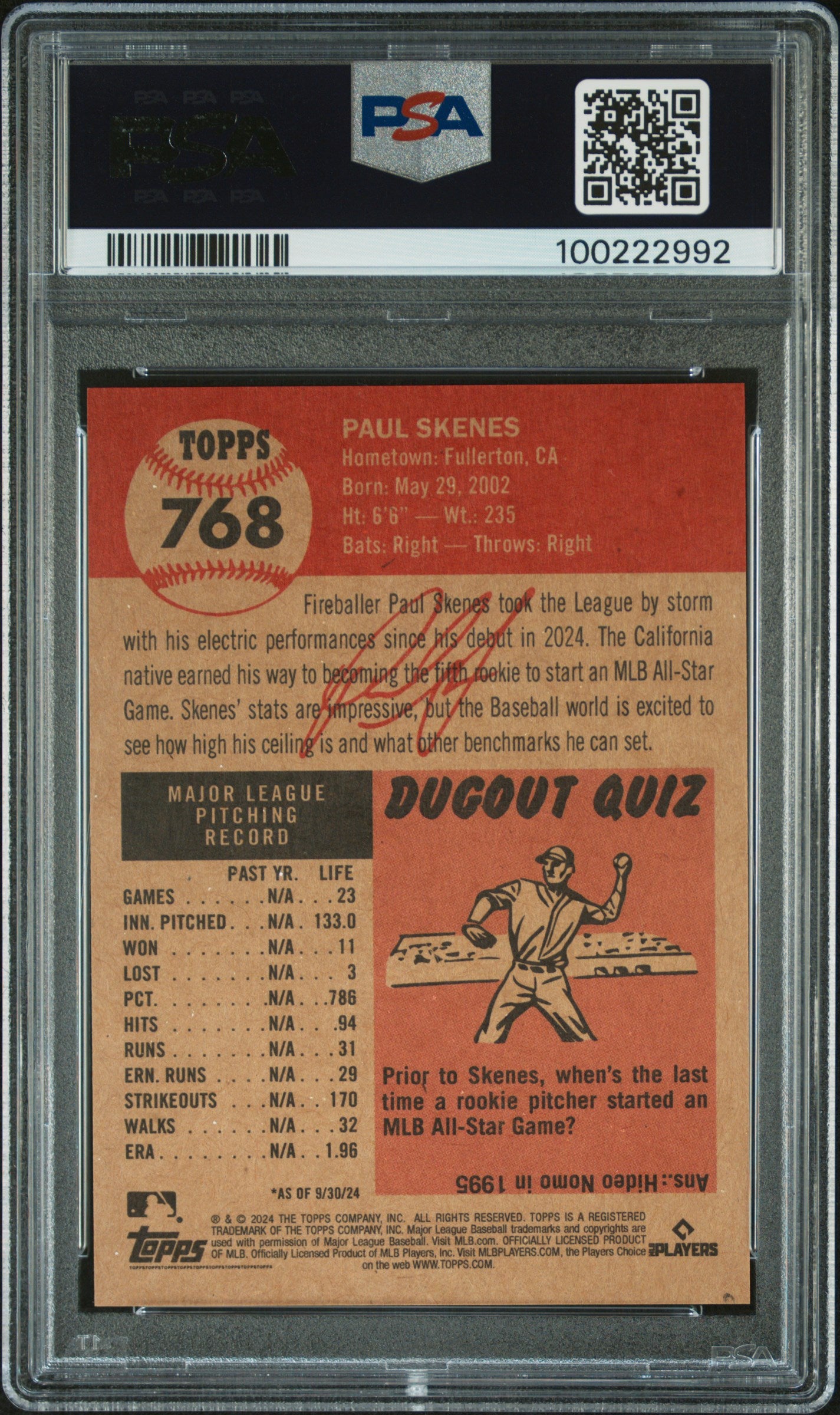 2024 Topps Living #768 Paul Skenes PSA 9