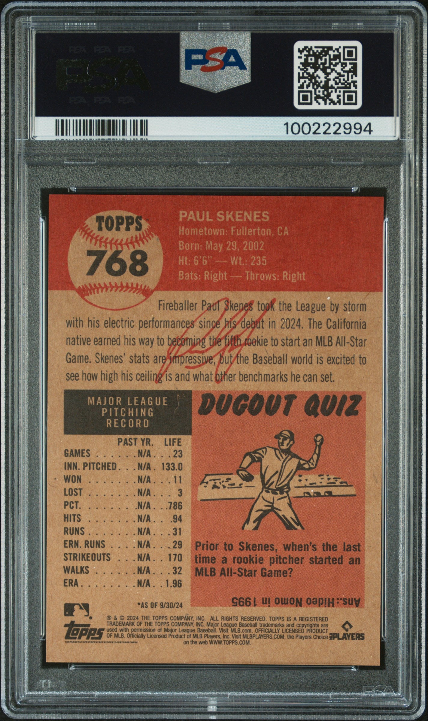 2024 Topps Living #768 Paul Skenes PSA 9