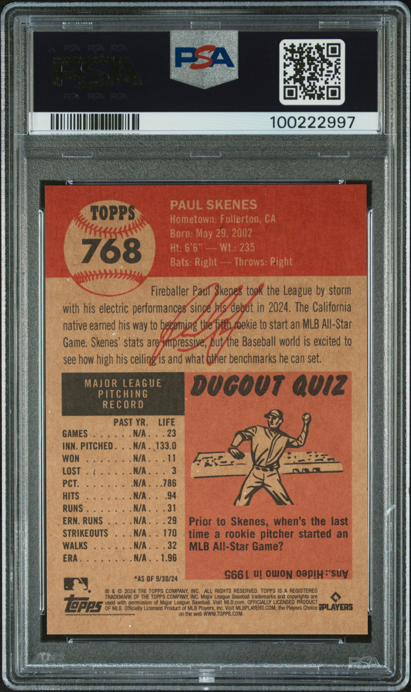2024 Topps Living #768 Paul Skenes PSA 9