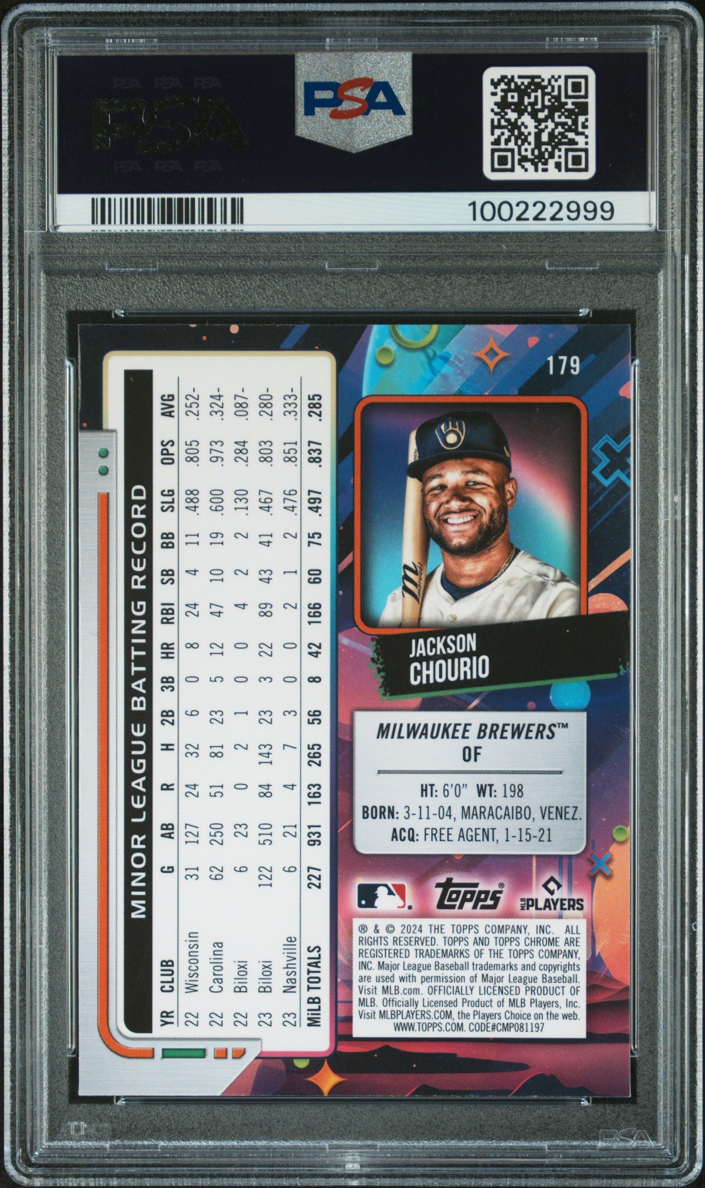 2024 Topps Chrome Cosmic #179 Jackson Chourio PSA 10