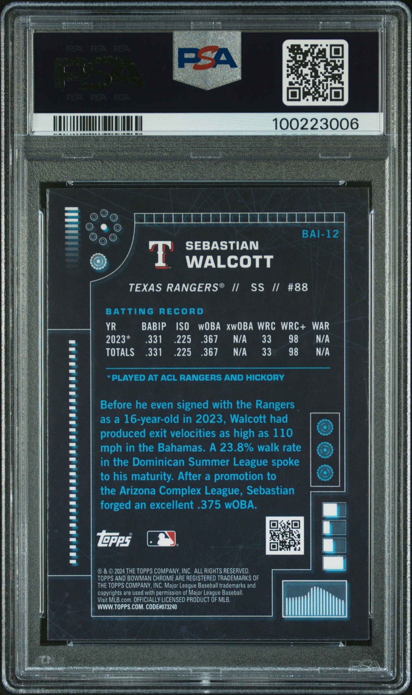 2024 Bowman Bowman Ai #BAI12 Sebastian Walcott PSA 10