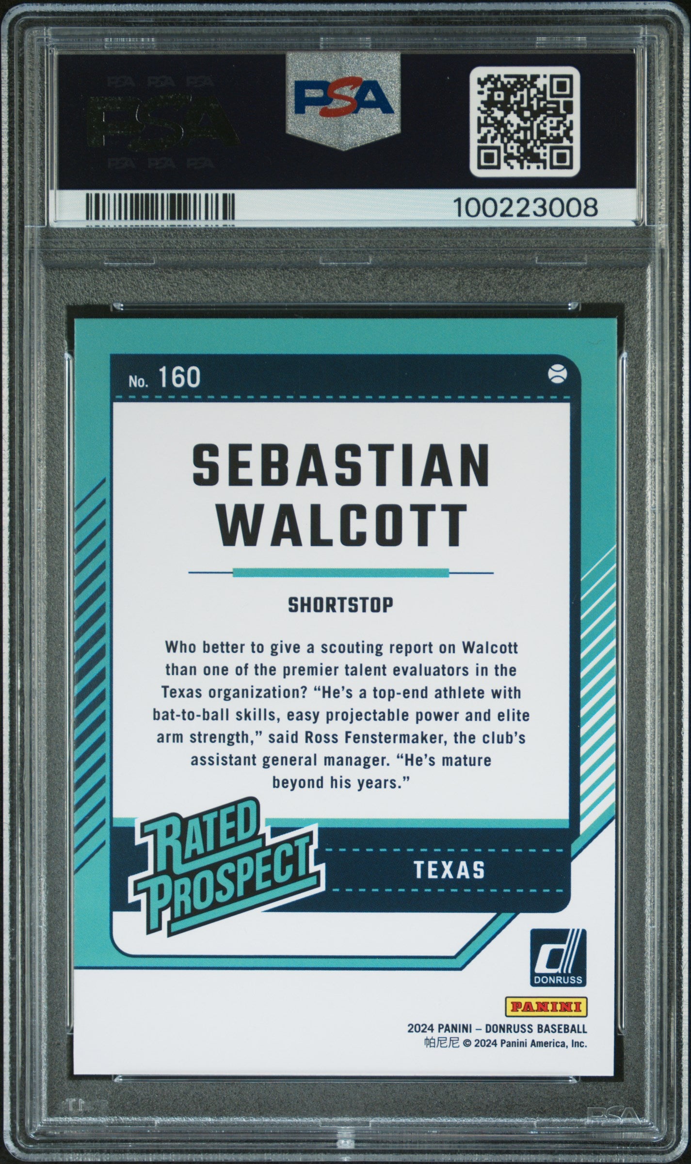 2024 Panini Donruss #160 Sebastian Walcott PSA 9