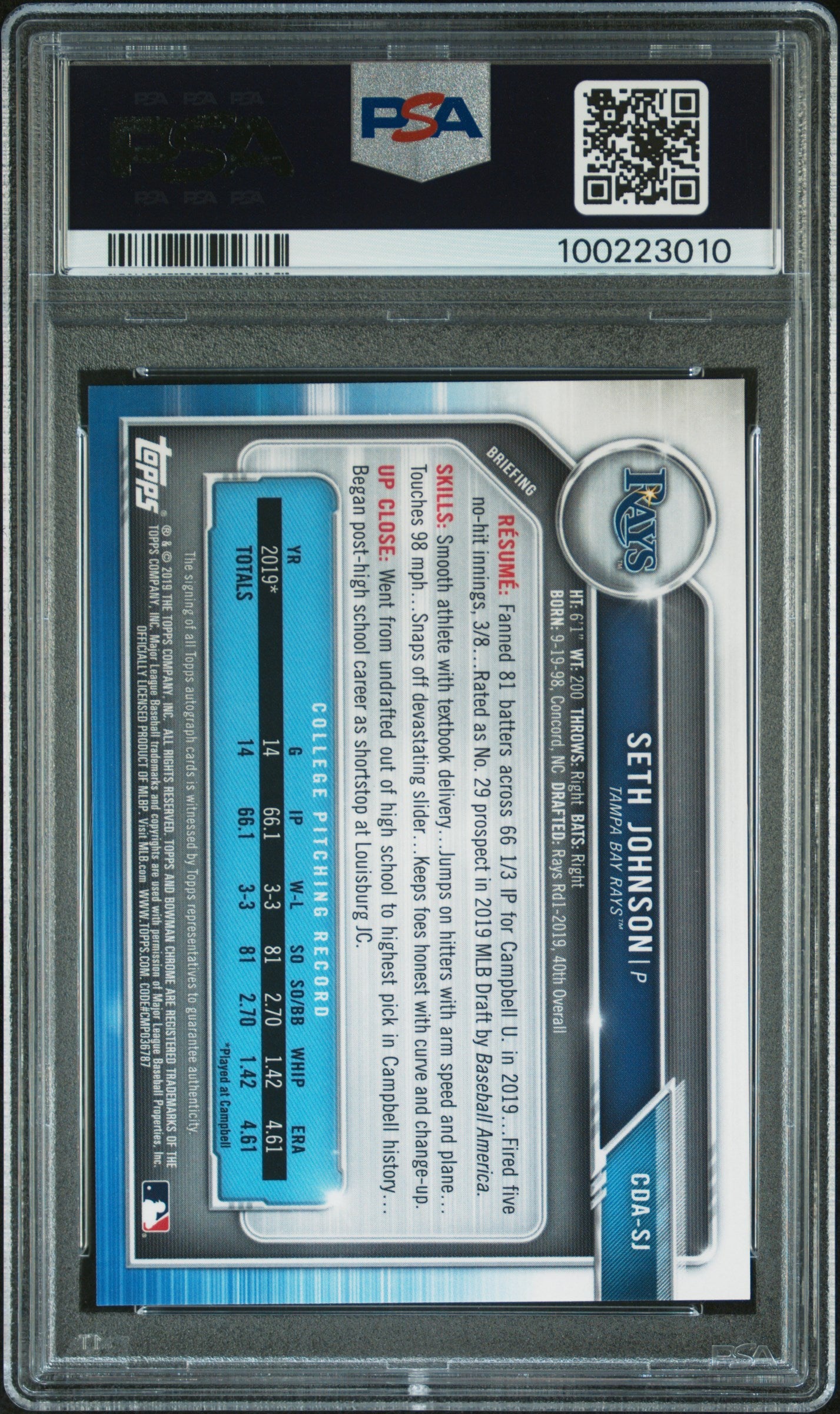 2019 Bowman Draft Chrome Draft Picks Autograph #CDASJ Seth Johnson PSA 10