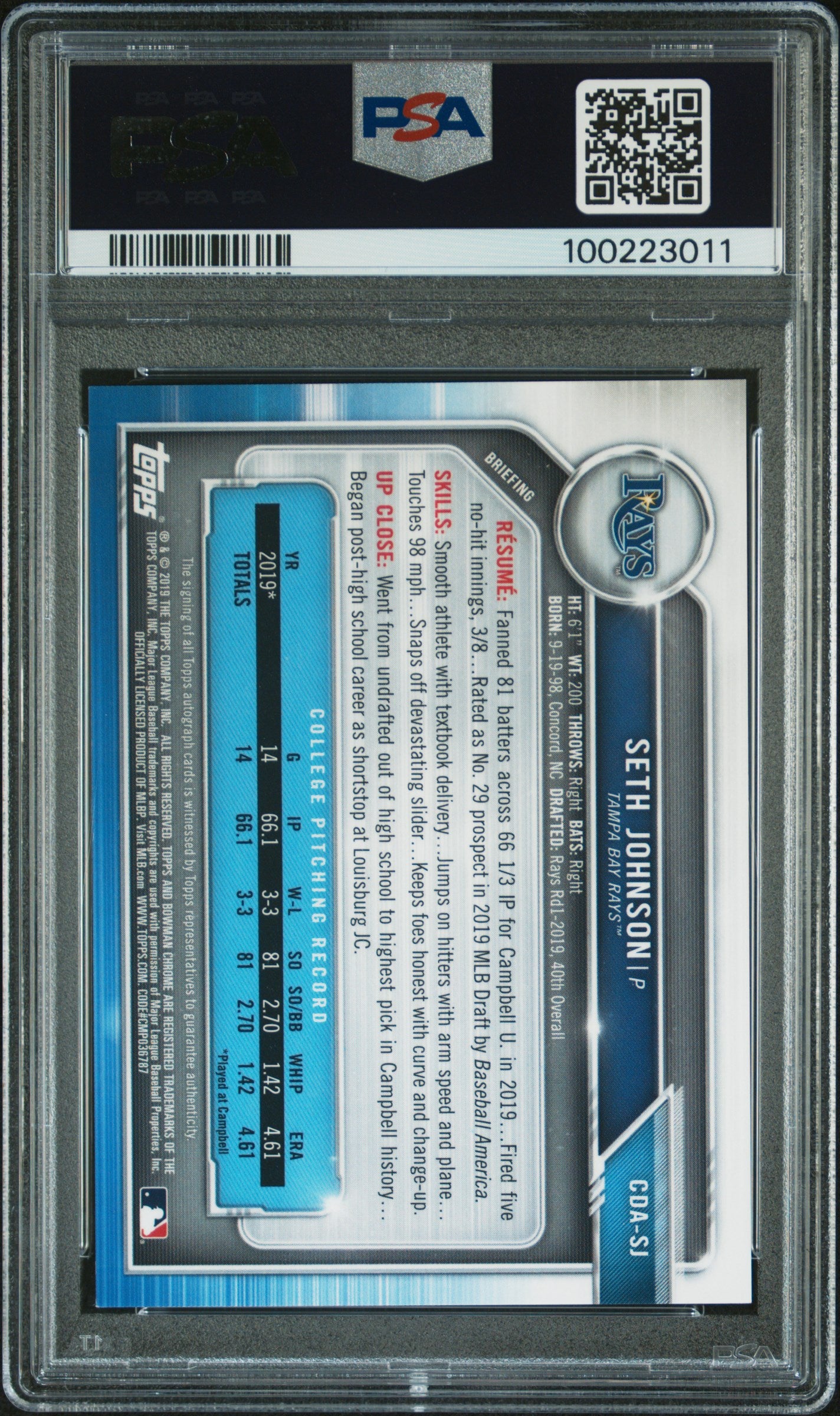 2019 Bowman Draft Chrome Draft Picks Autograph #CDASJ Seth Johnson PSA 10
