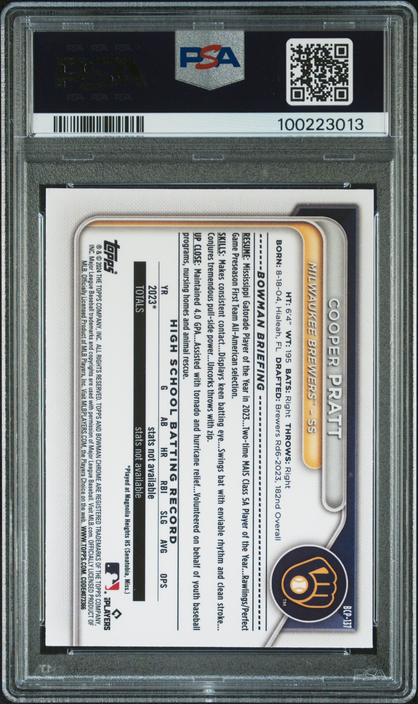 2024 Bowman Mega Box Chrome 1st #137 Cooper Pratt Chr-Yellow/75 Ref PSA 9