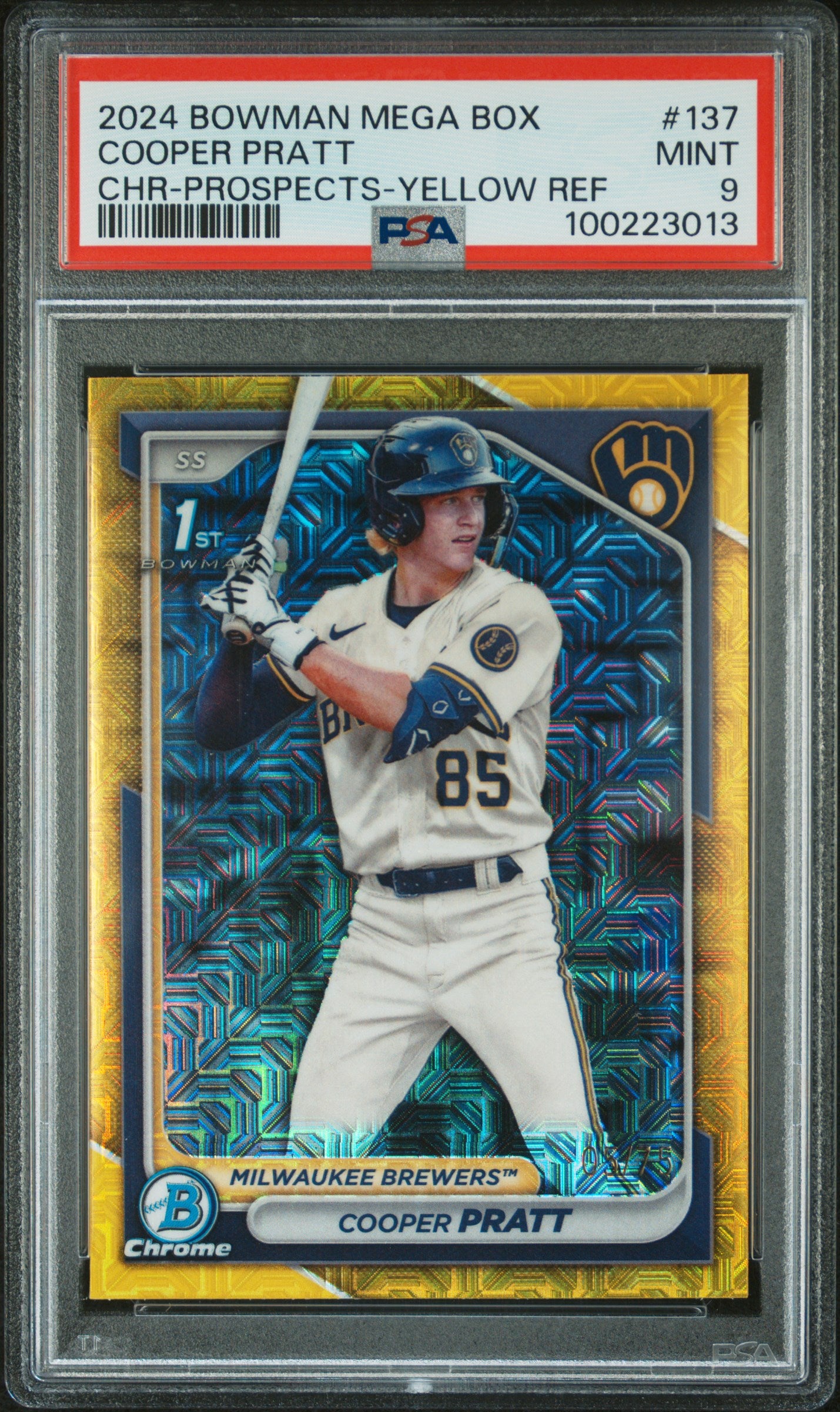 2024 Bowman Mega Box Chrome 1st #137 Cooper Pratt Chr-Yellow/75 Ref PSA 9