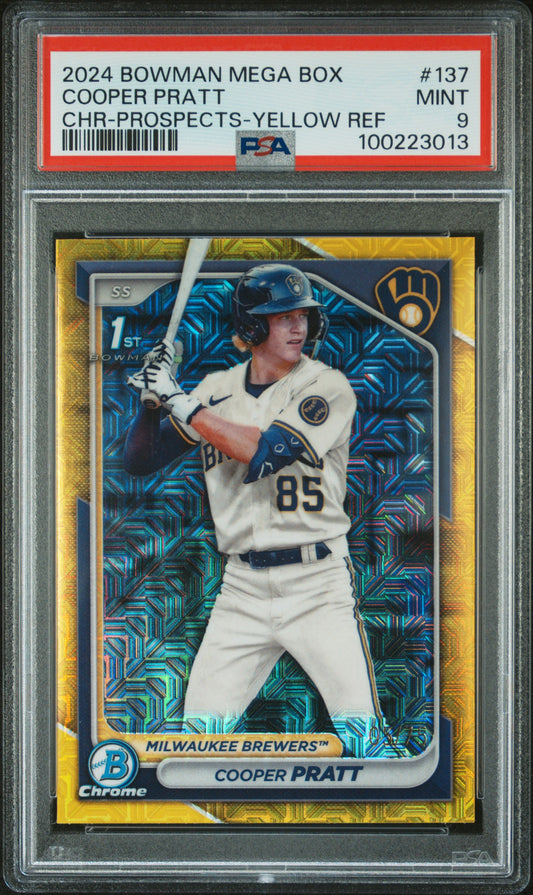 2024 Bowman Mega Box Chrome 1st #137 Cooper Pratt Chr-Yellow/75 Ref PSA 9