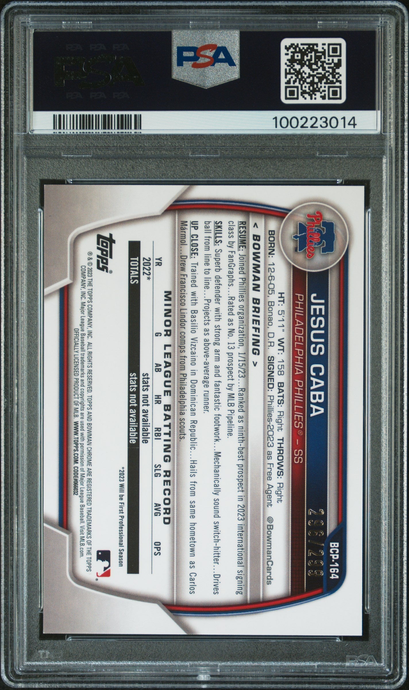 2023 Bowman Mega Box Chrome #164 Jesus Caba Purple Refractor PSA 8