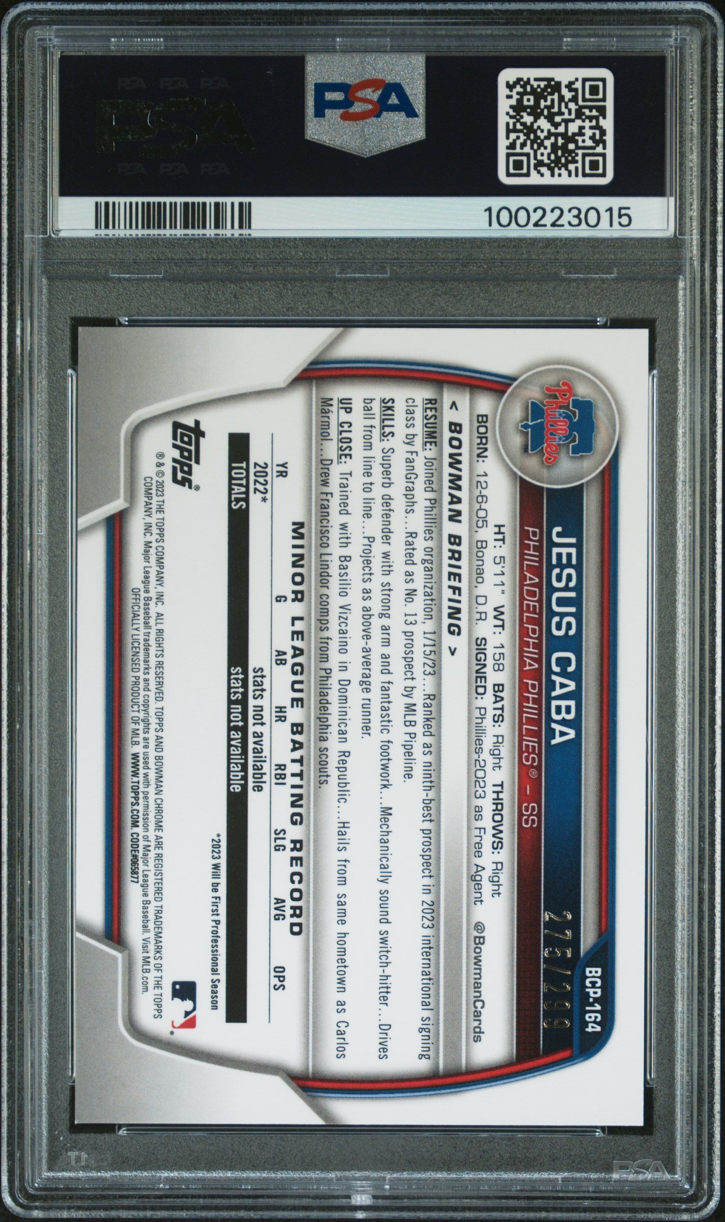 2023 Bowman Chrome Prospects #BCP164 Jesus Caba Prospects-Speckle Ref PSA 10