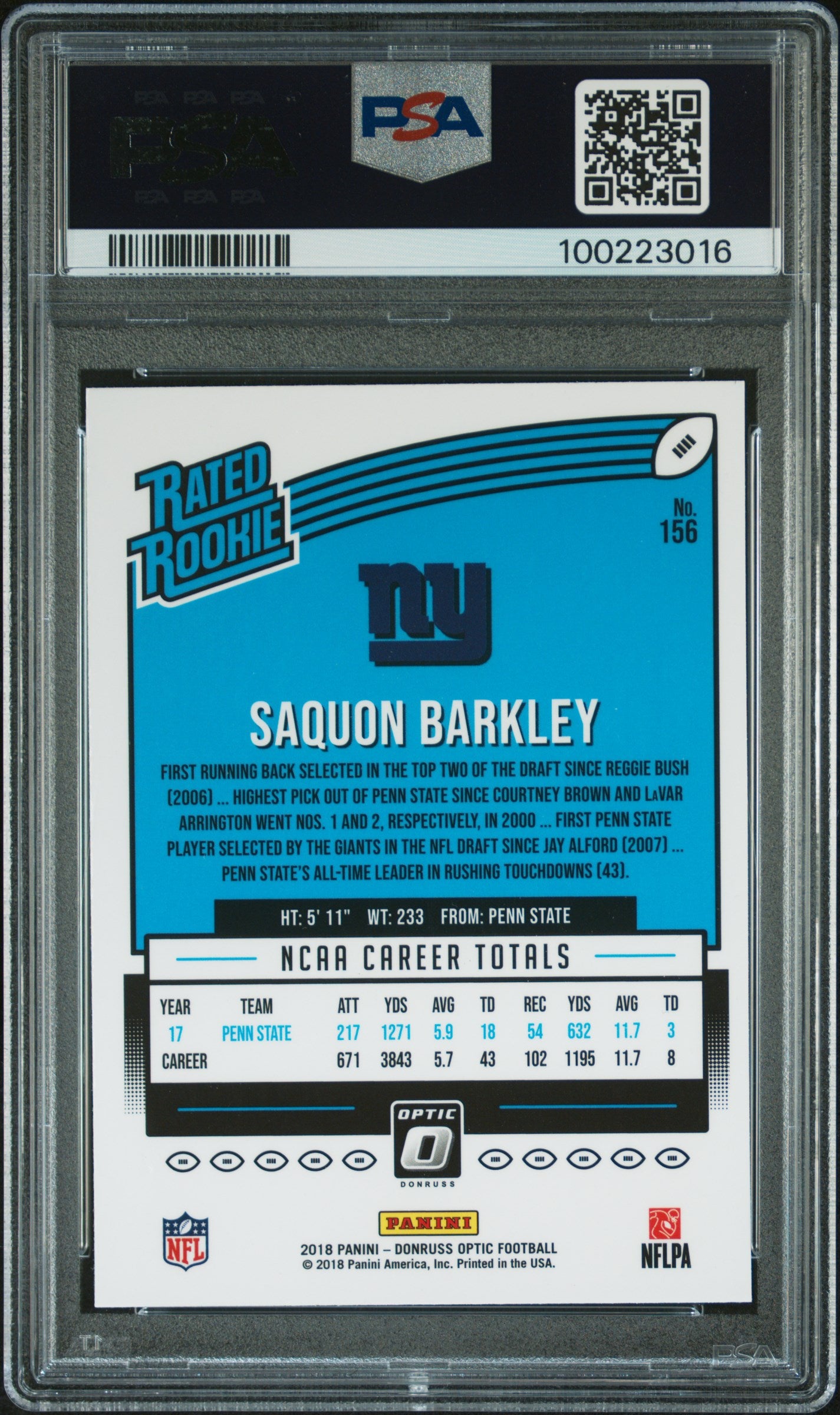 2018 Panini Donruss Optic #156 Saquon Barkley PSA 9
