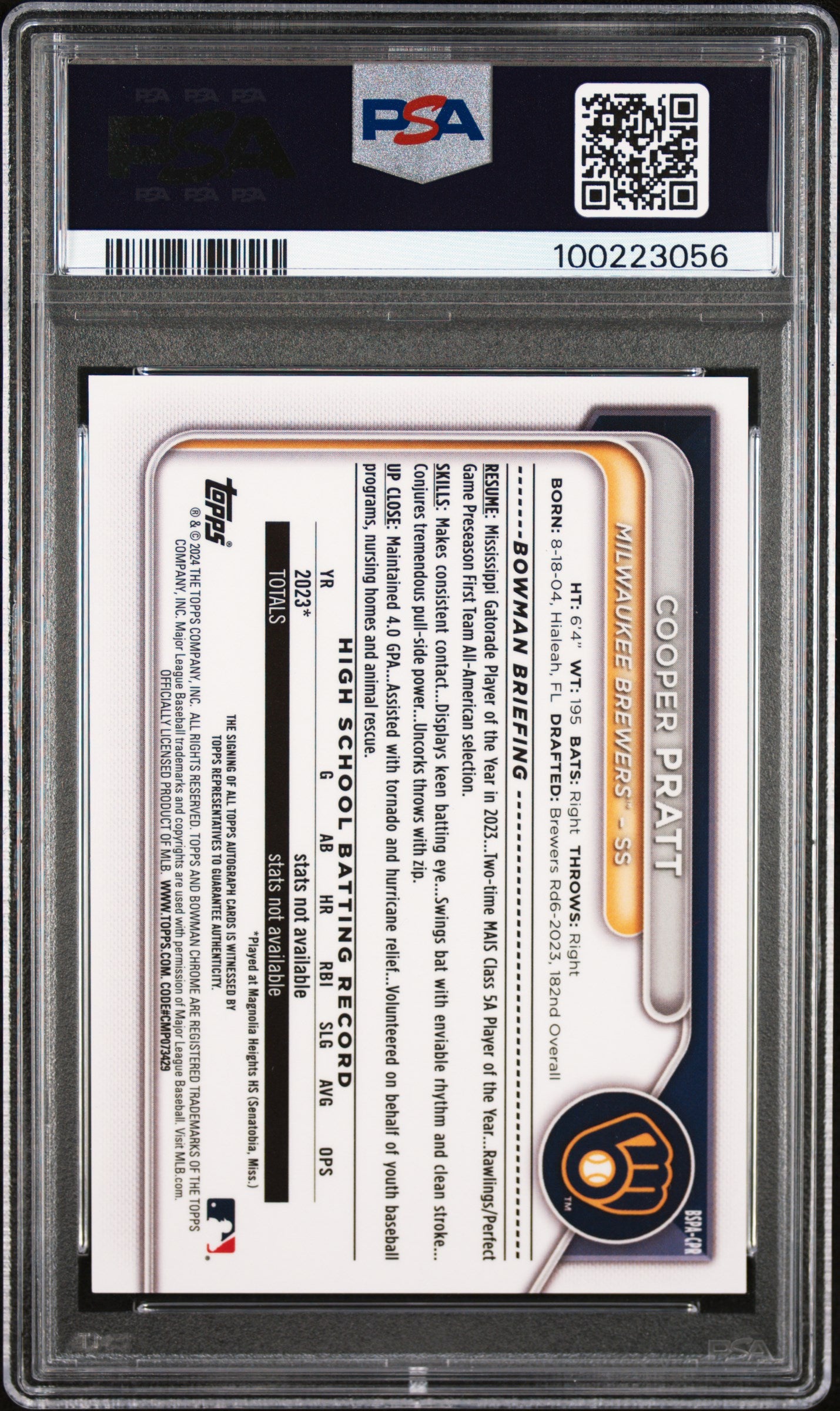 2024 Bowman Sapphire Edition Chrome Sapphire Autographs #CPR Cooper Pratt PSA 9
