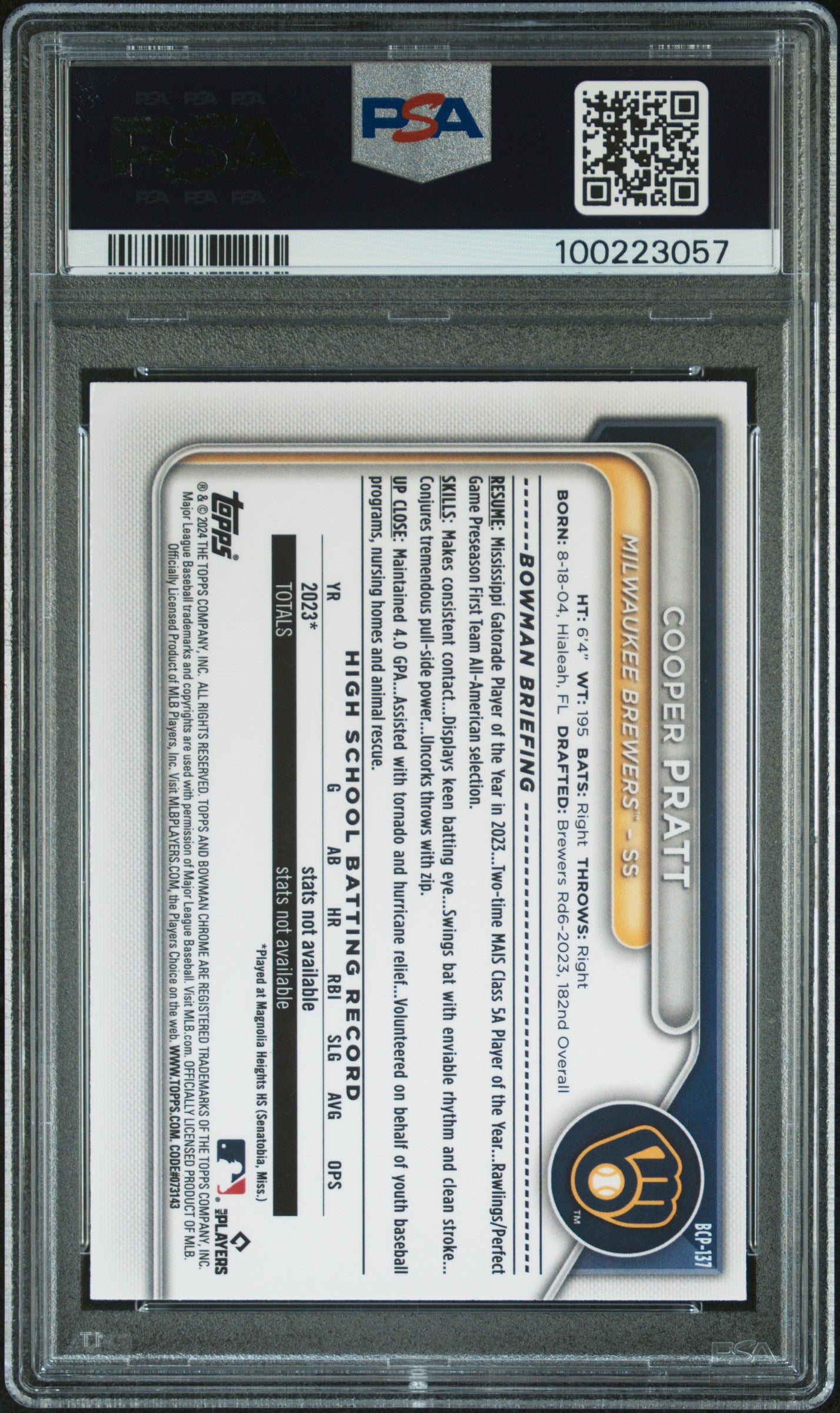2024 Bowman Chrome Prospects #BCP137 Cooper Pratt-Aqua Lunar Ref/125 PSA 9