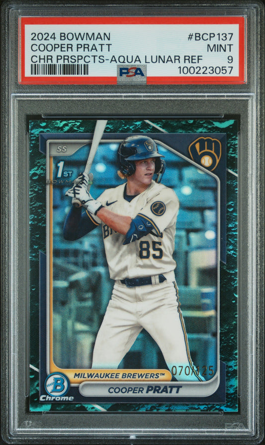2024 Bowman Chrome Prospects #BCP137 Cooper Pratt-Aqua Lunar Ref/125 PSA 9