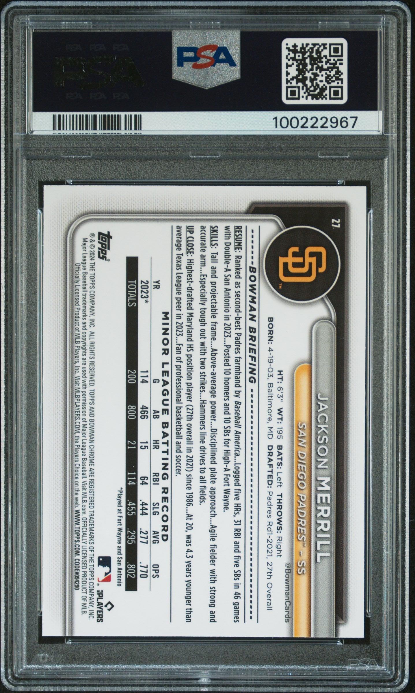 2024 Bowman Chrome Mega Box #27 Jackson Merrill PSA 9