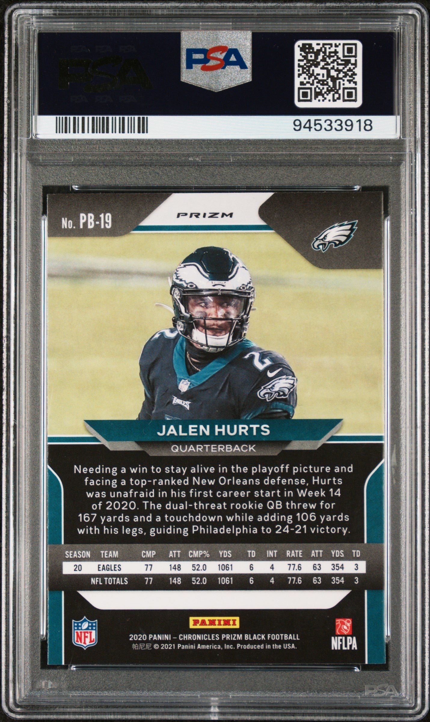 2020 Panini Chronicles Prizm Black #PB19 Jalen Hurts Prizm Black-Silver PSA 10