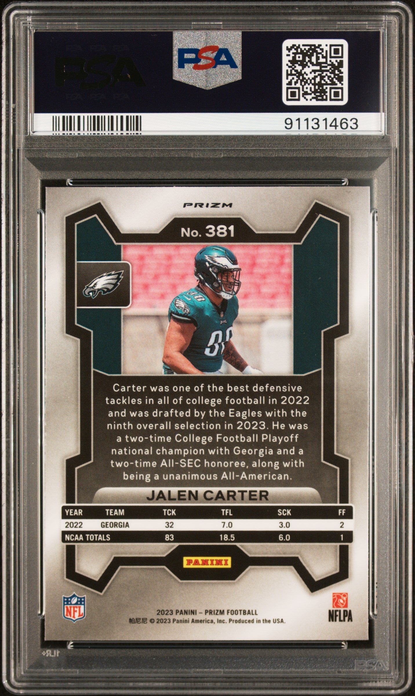 2023 Panini Prizm #381 Jalen Carter Purple Pulsar PSA 10