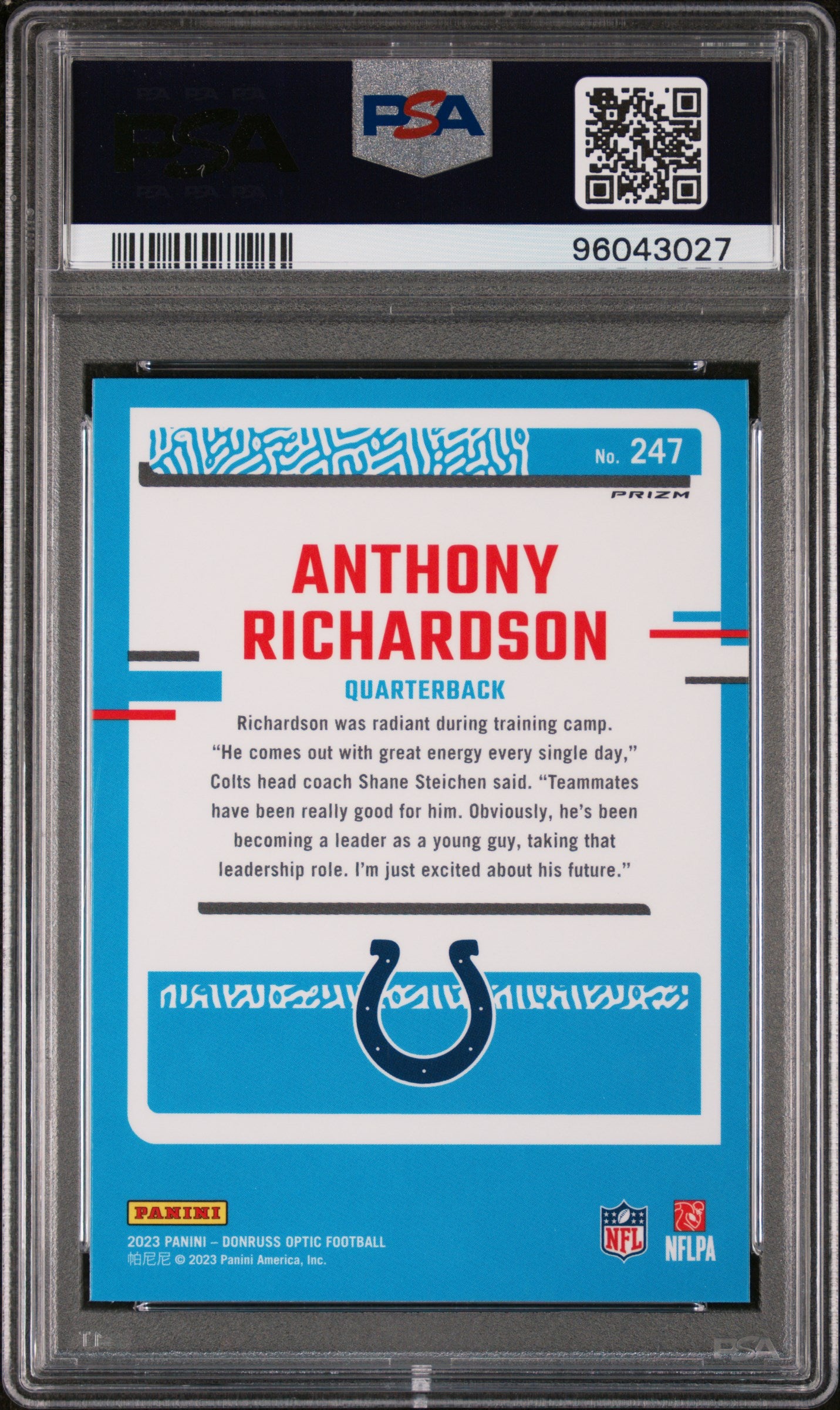 2023 Panini Donruss Optic #247 Anthony Richardson Purple Shock PSA 9