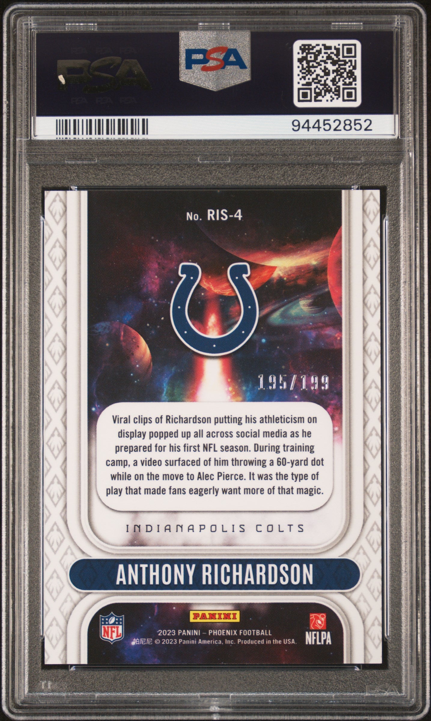 2023 Panini Phoenix Rookie Rising #RIS4 Anthony Richardson-Red/199PSA 10
