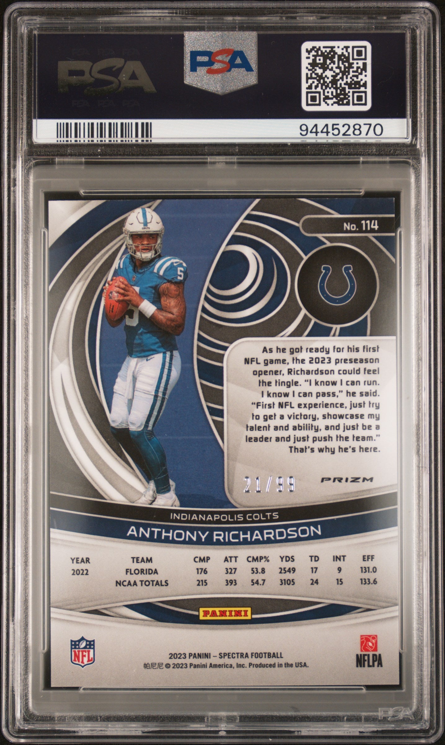 2023 Panini Spectra #114 Anthony Richardson Celestial/99 PSA 10
