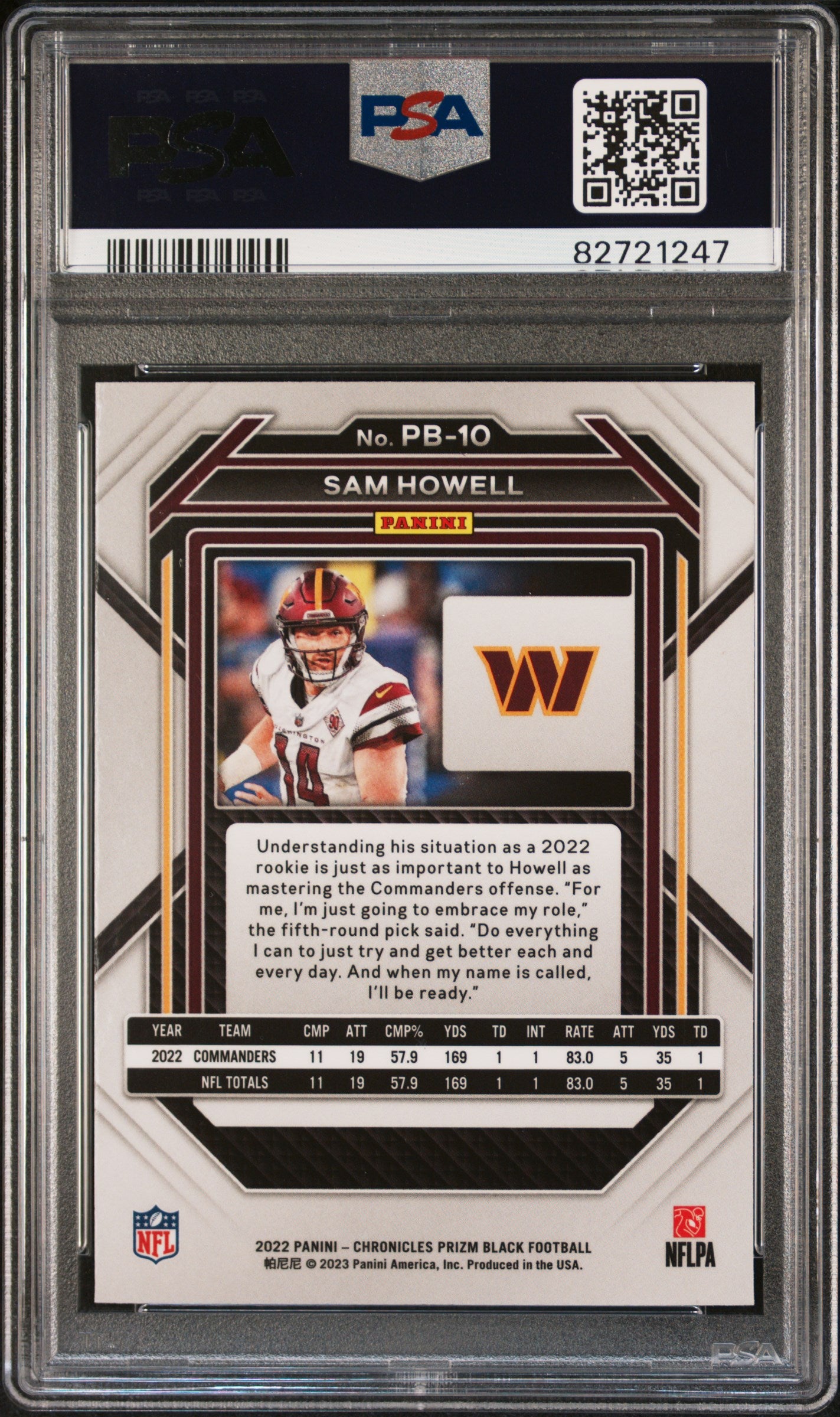 2022 Panini Chronicles Prizm Black #PB10 Sam Howell PSA 10