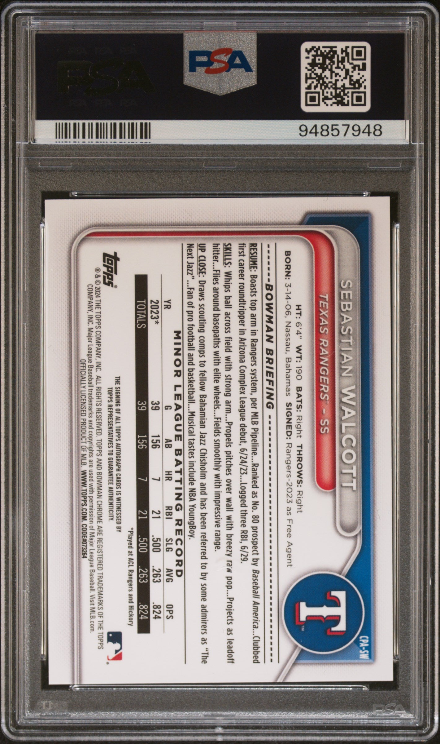 2024 Bowman Chrome Prospect Autographs #CPASW Sebastian Walcott PSA 10