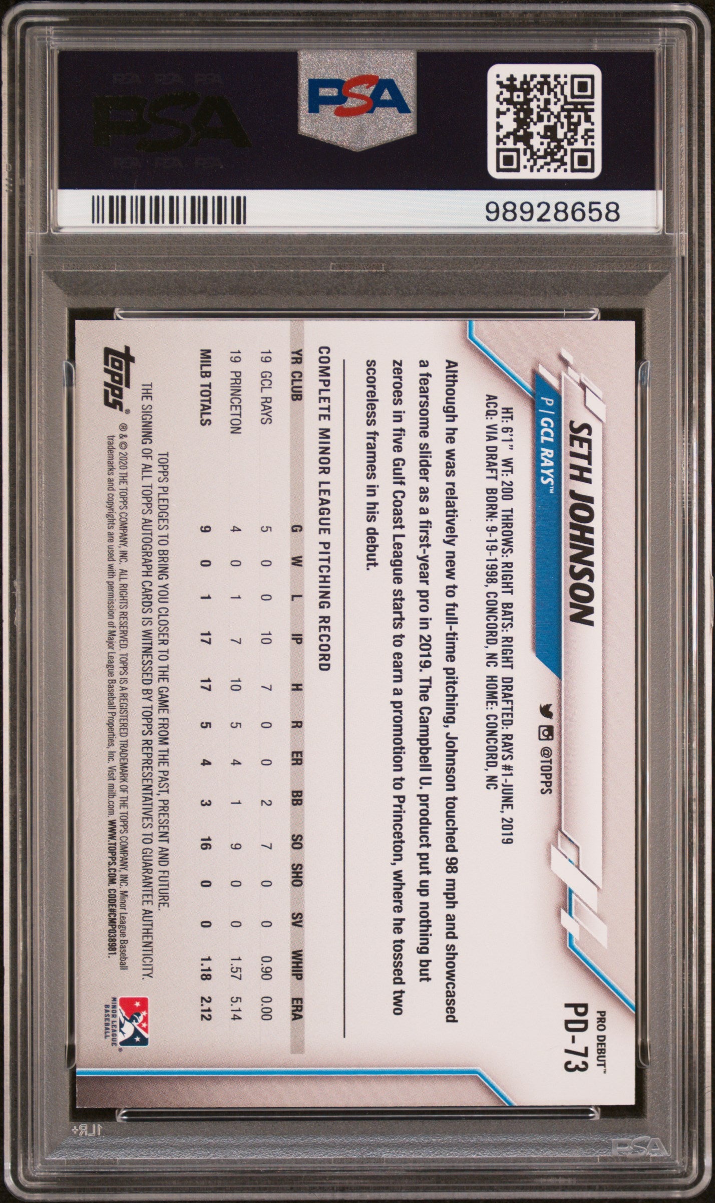 2020 Topps Pro Debut #PD73 Seth Johnson Autograph PSA 9