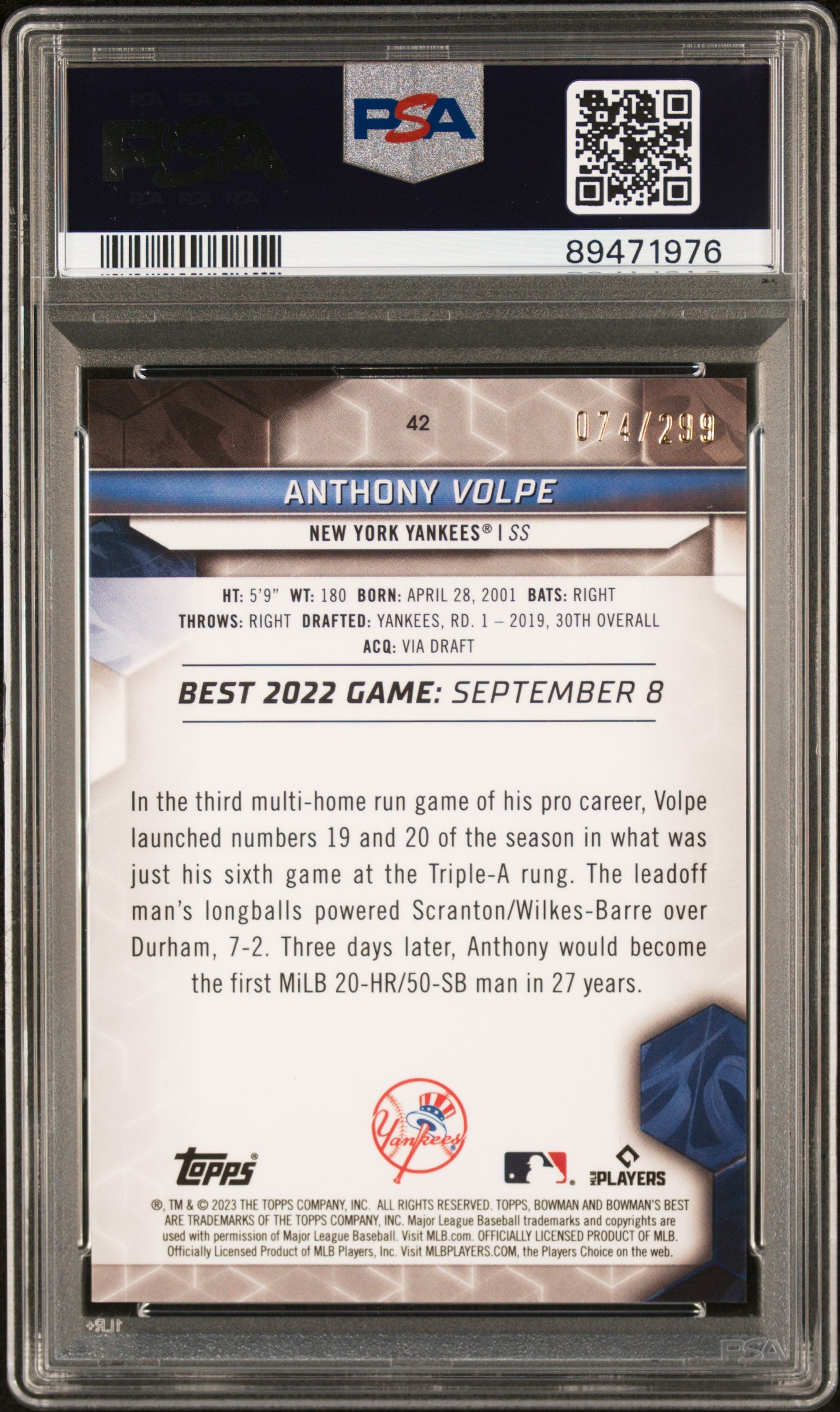 2023 Bowman'S Best #42 Anthony Volpe Mini Diamond/299 Refractor PSA 10