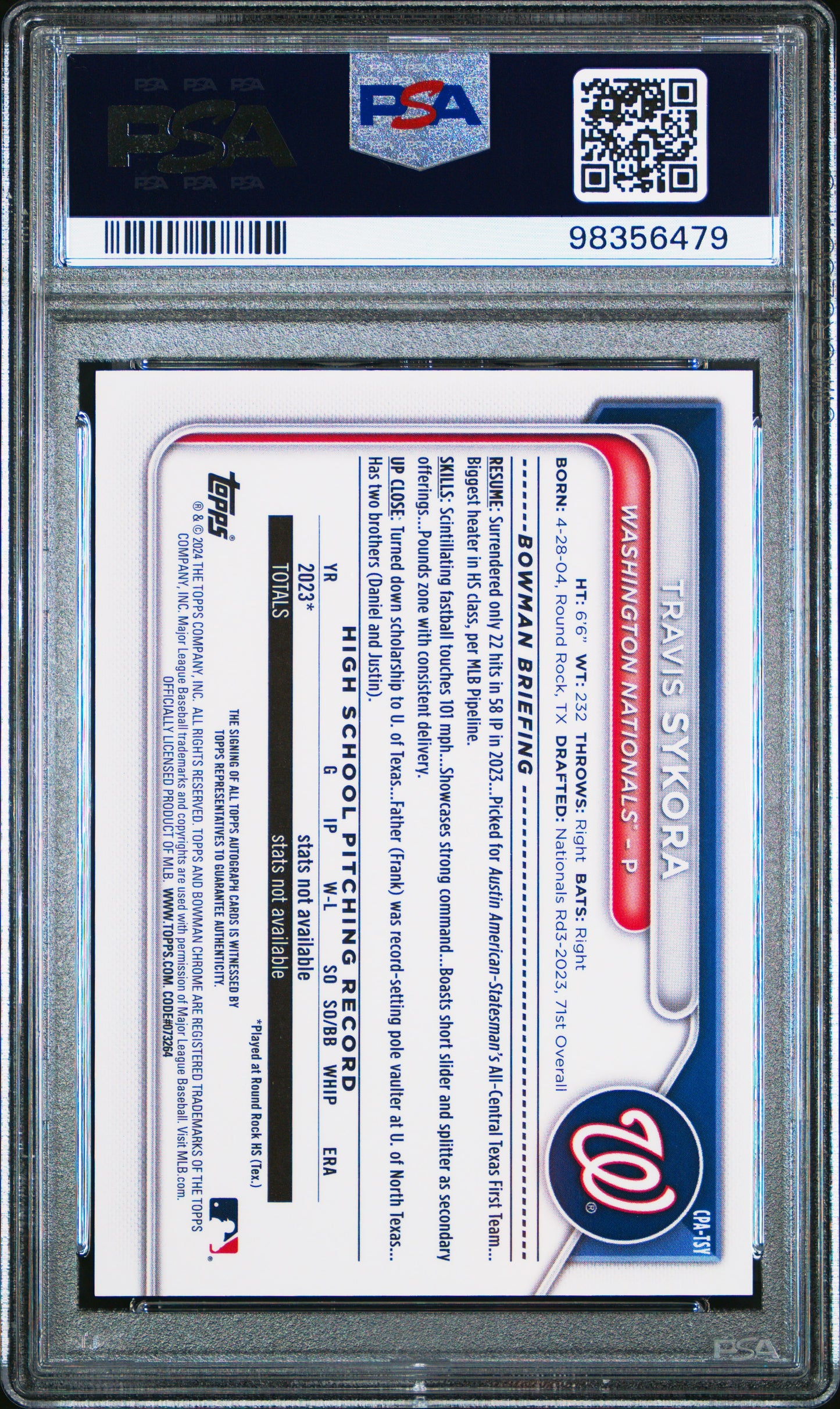 2024 Bowman Chrome Prospect Autographs #CPATSY Travis Sykora PSA 10