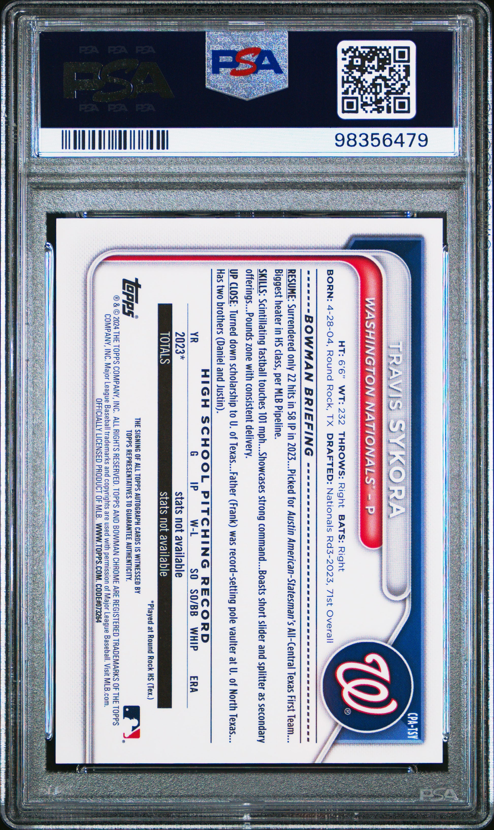 2024 Bowman Chrome Prospect Autographs #CPATSY Travis Sykora PSA 10