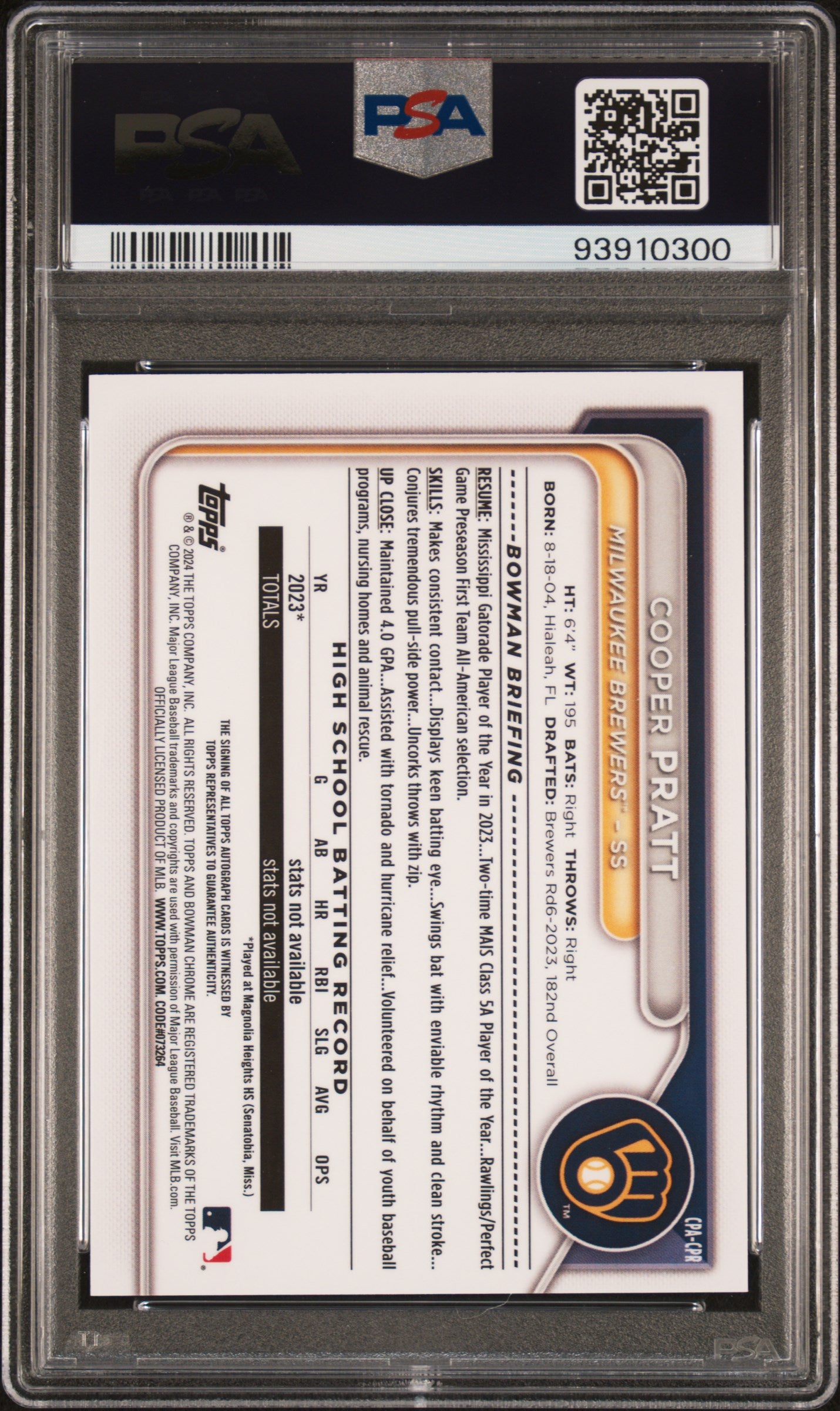 2024 Bowman Chrome Prospect Autographs #CPACPR Cooper Pratt PSA 10