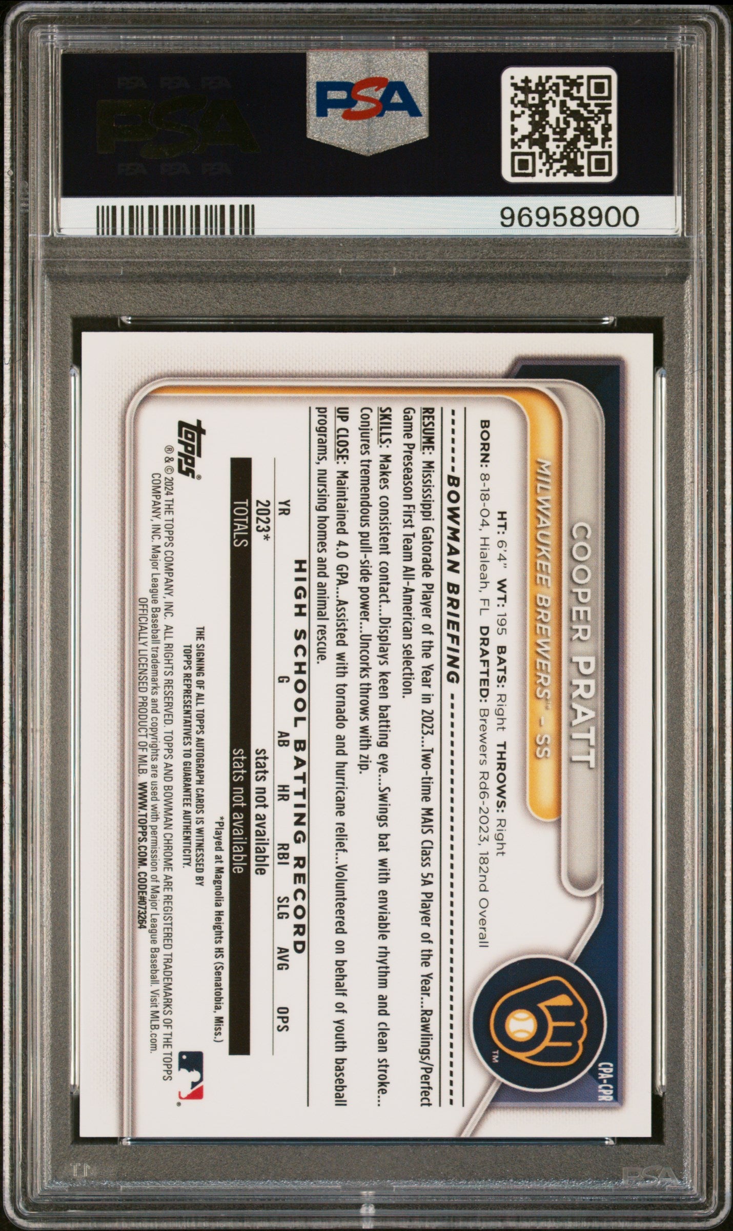 2024 Bowman Chrome Prospect Autographs #CPACPR Cooper Pratt PSA 10