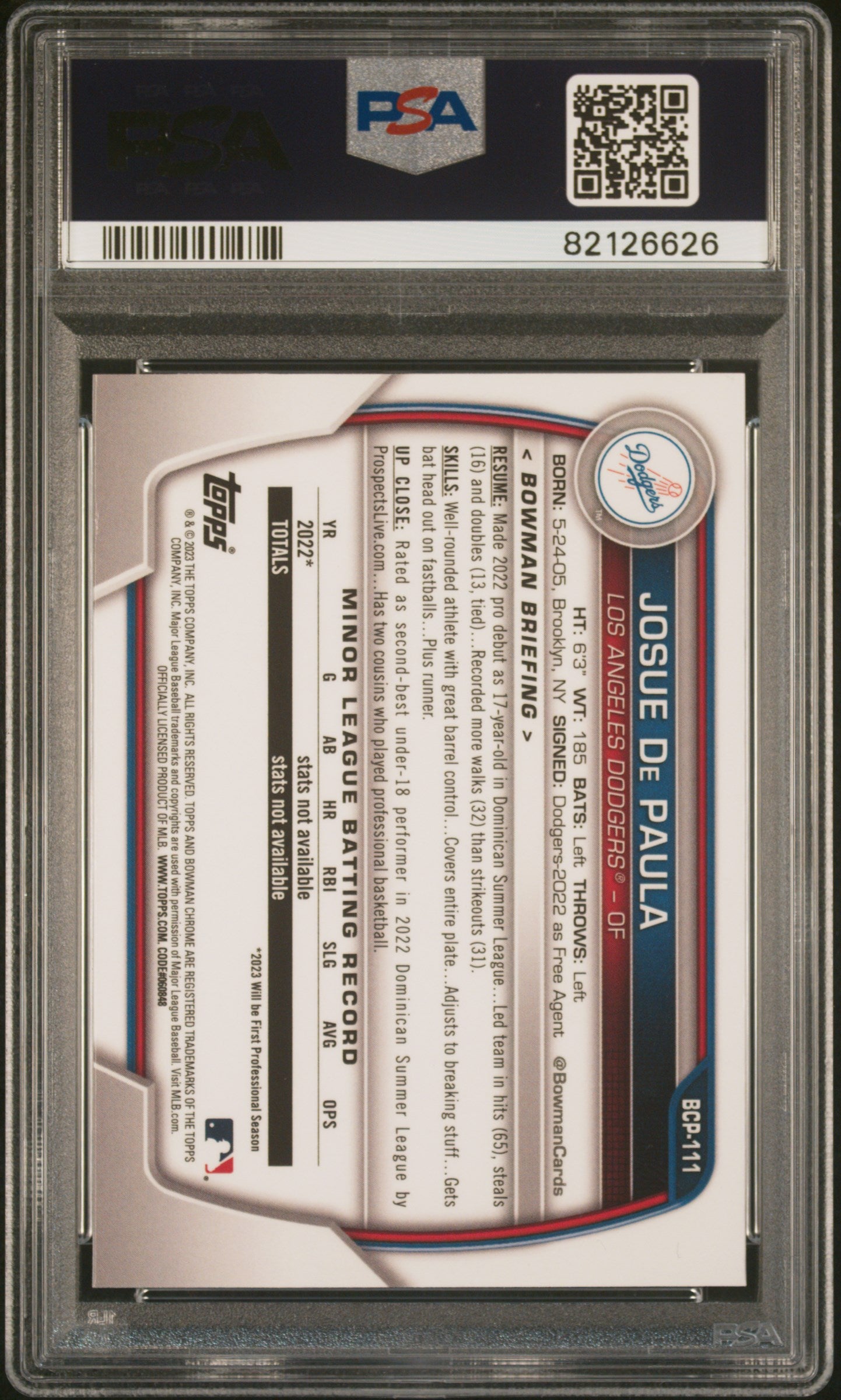 2023 Bowman Sapphire Edition Chrome Prospects #BCP111 Josue De Paula PSA 10