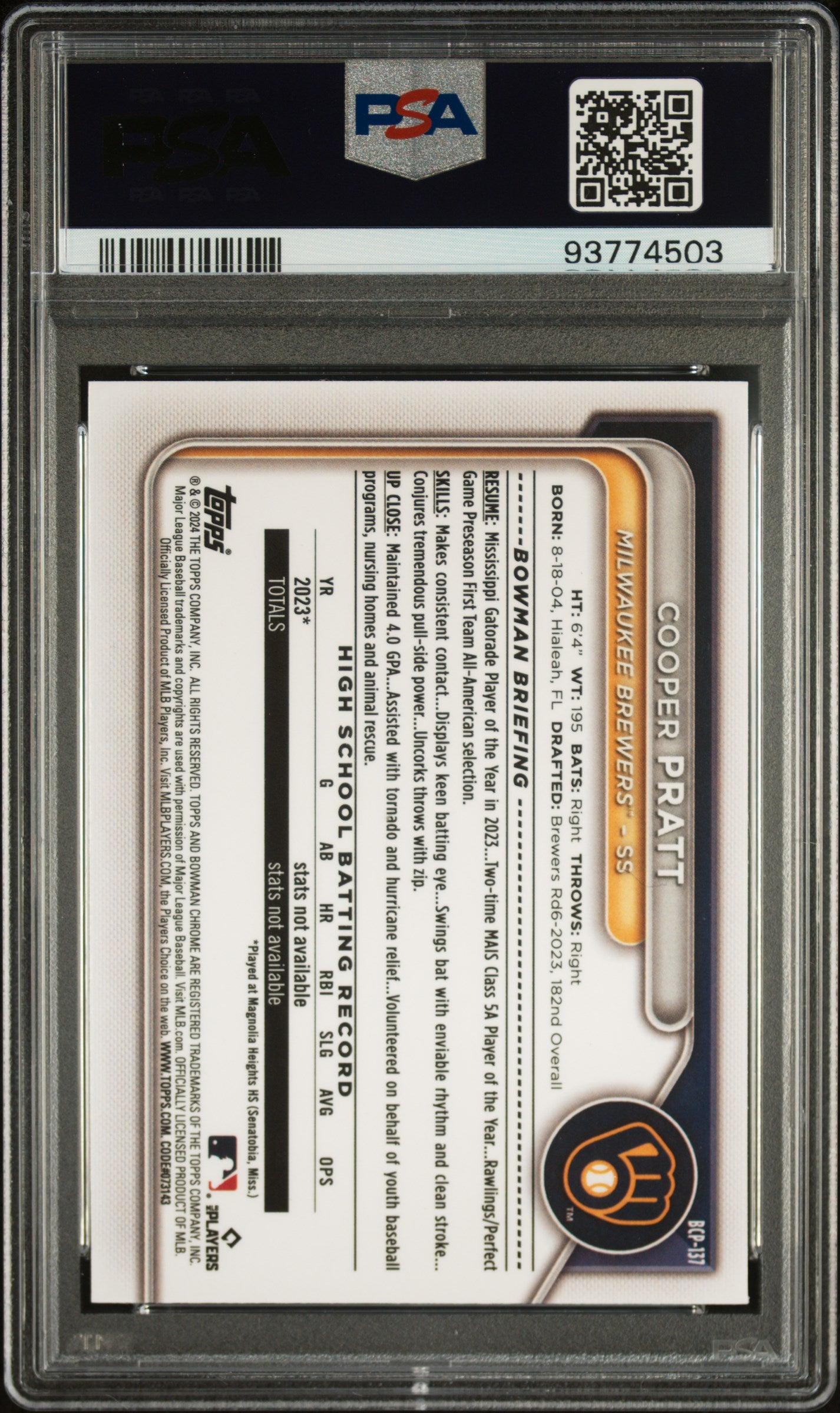 2024 Bowman Chrome Prospects #BCP137 Cooper Pratt PSA 10