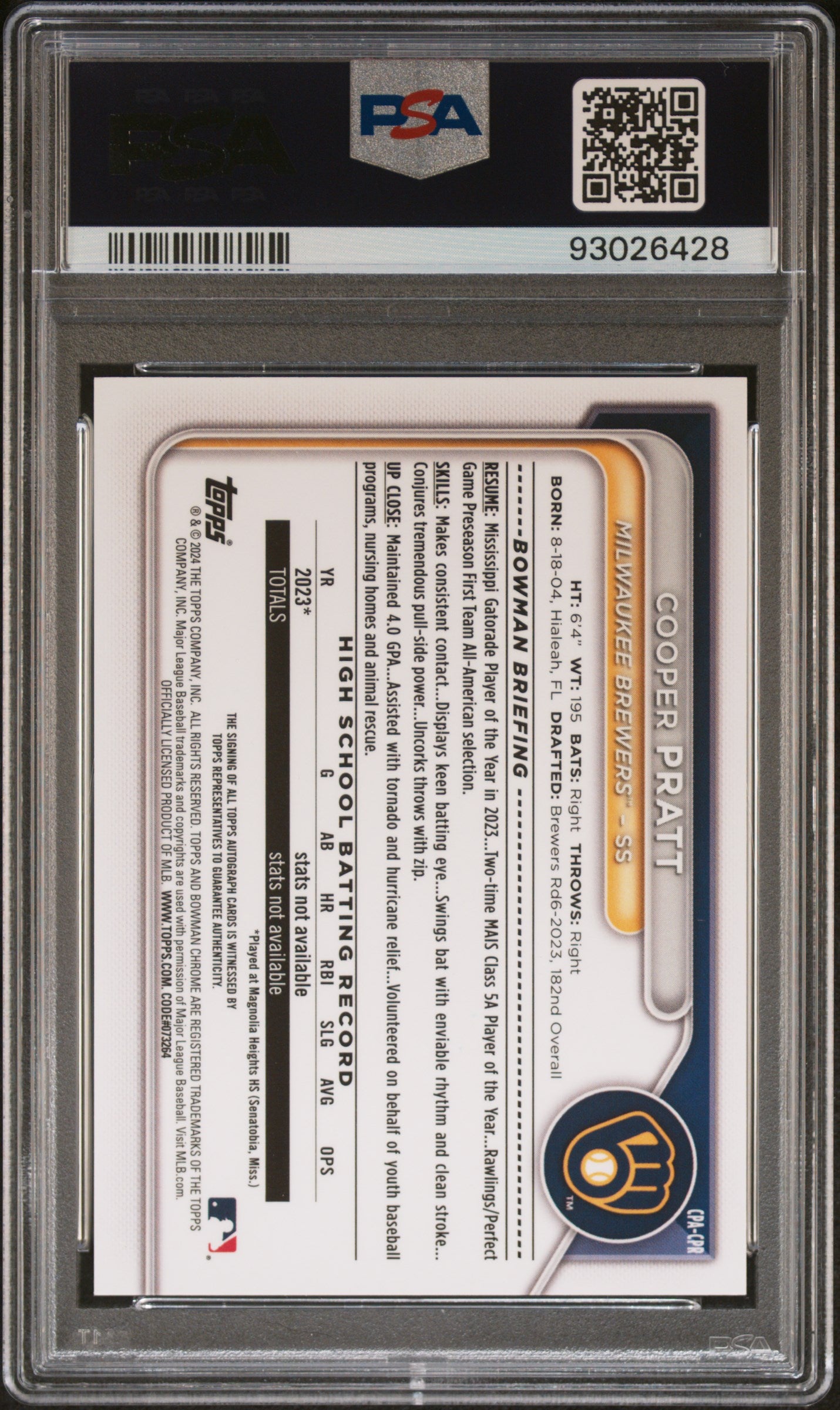 2024 Bowman Chrome Prospect Autographs #CPACPR Cooper Pratt PSA 10