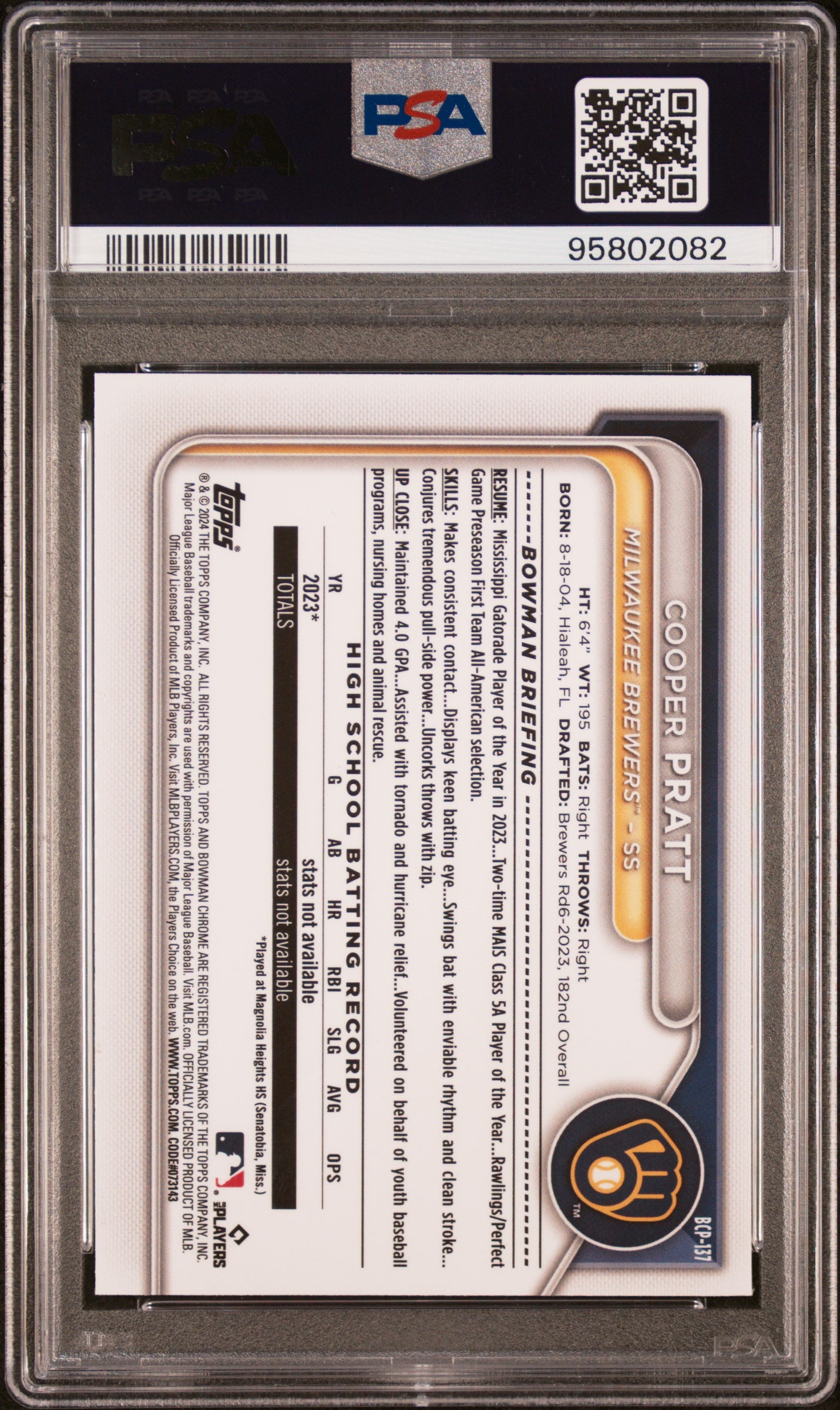 2024 Bowman Sapphire Edition Chrome Prospects #BCP137 Cooper Pratt PSA 10