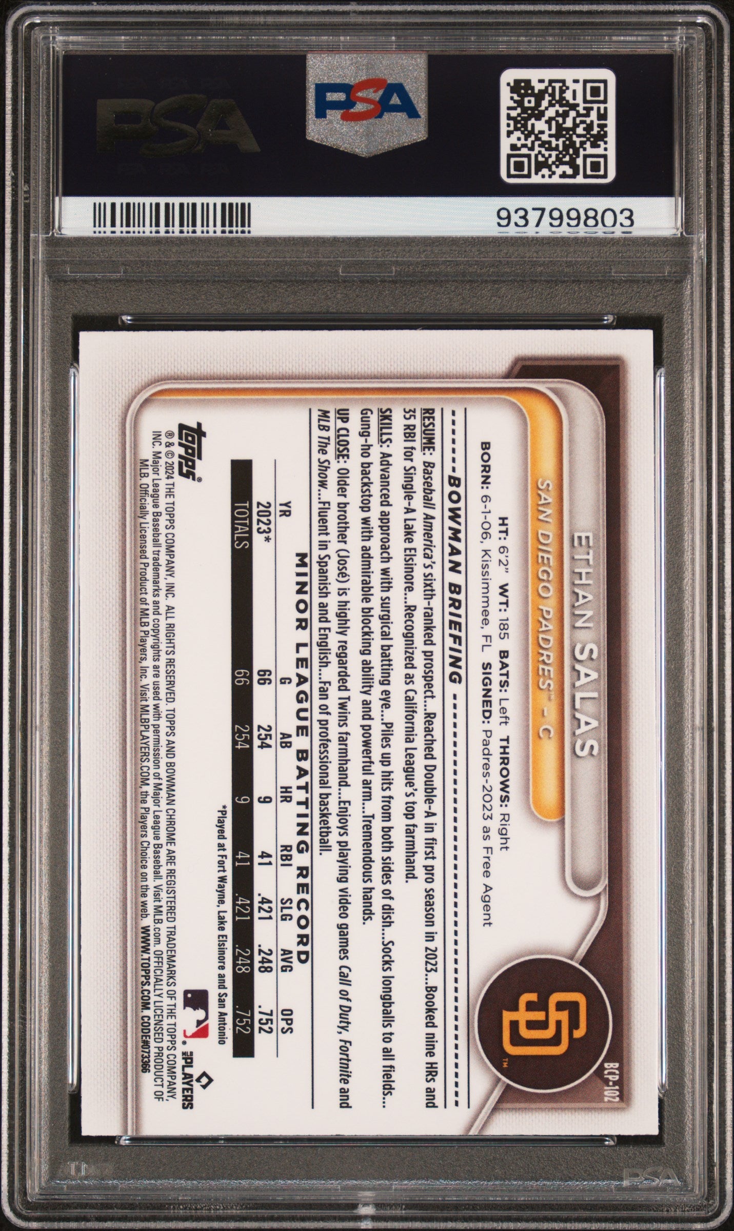 2024 Bowman Mega Box Chrome Prospects #102 Ethan Salas-Blue Ref PSA 10