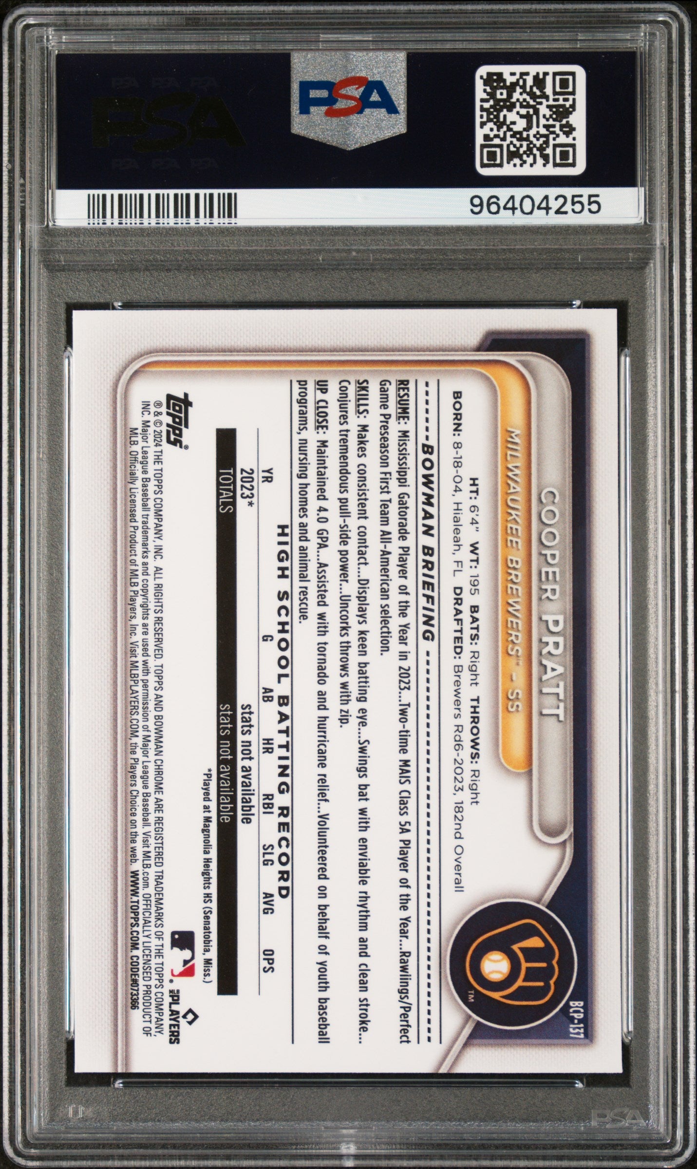 2024 Bowman Mega Box Chrome Prospects #137 Cooper Pratt PSA 10