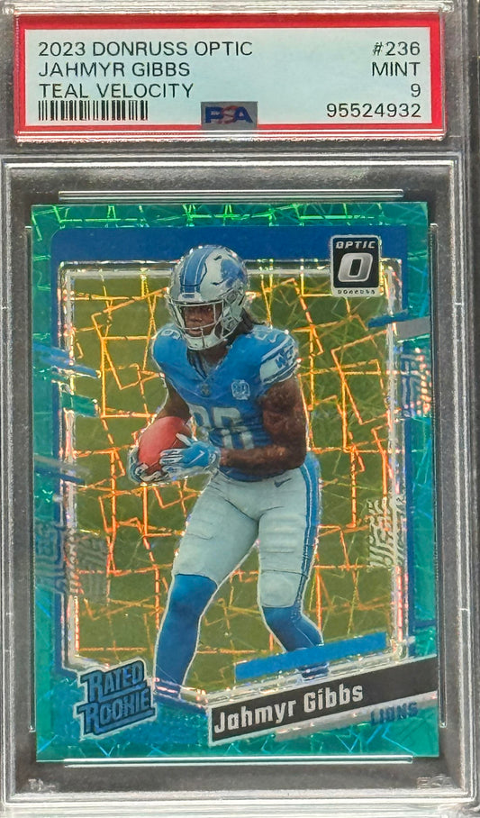 2023 Panini Donruss Optic #236 Jahmyr Gibbs Teal Velocity PSA 9