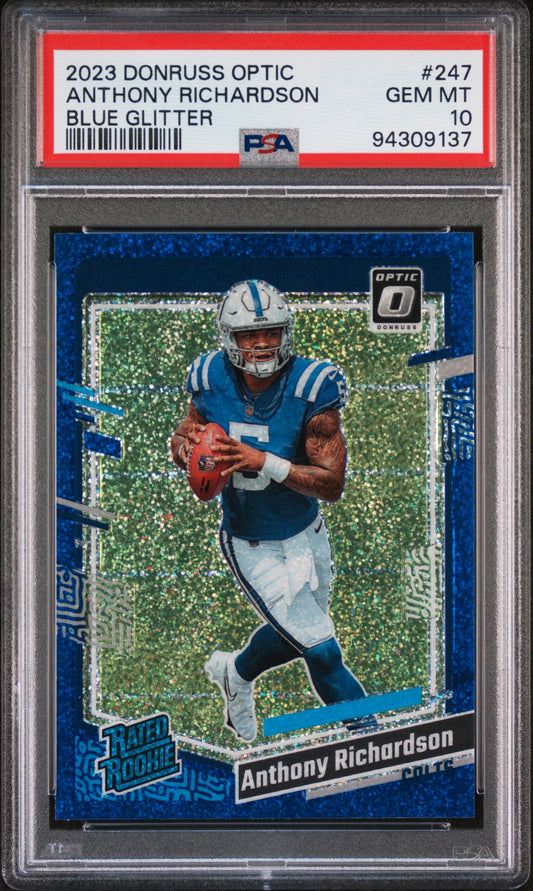 2023 Panini Donruss Optic #247 Anthony Richardson Blue Glitter PSA 10