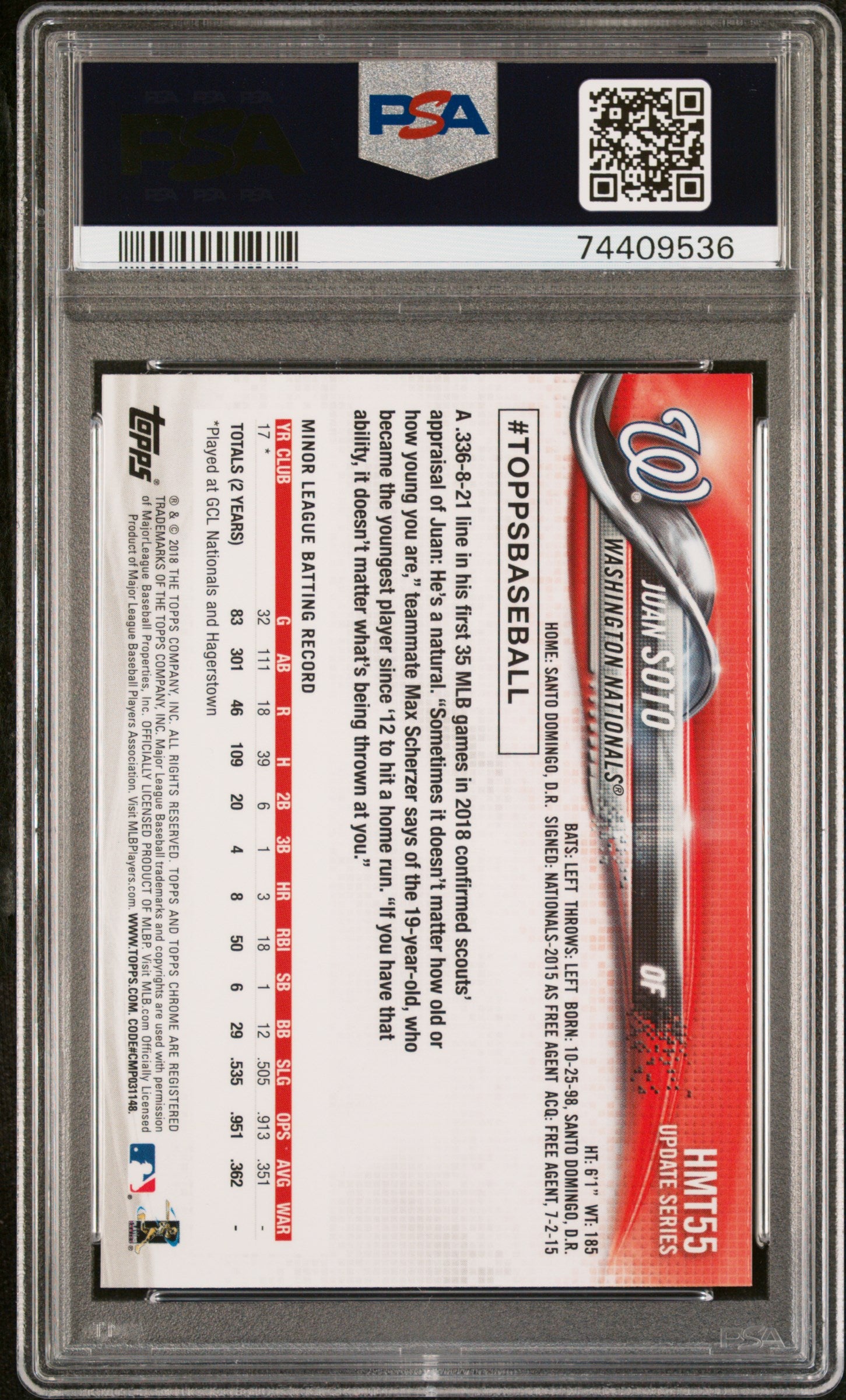 2018 Topps Chrome Update #HMT55 Juan Soto Update PSA 10