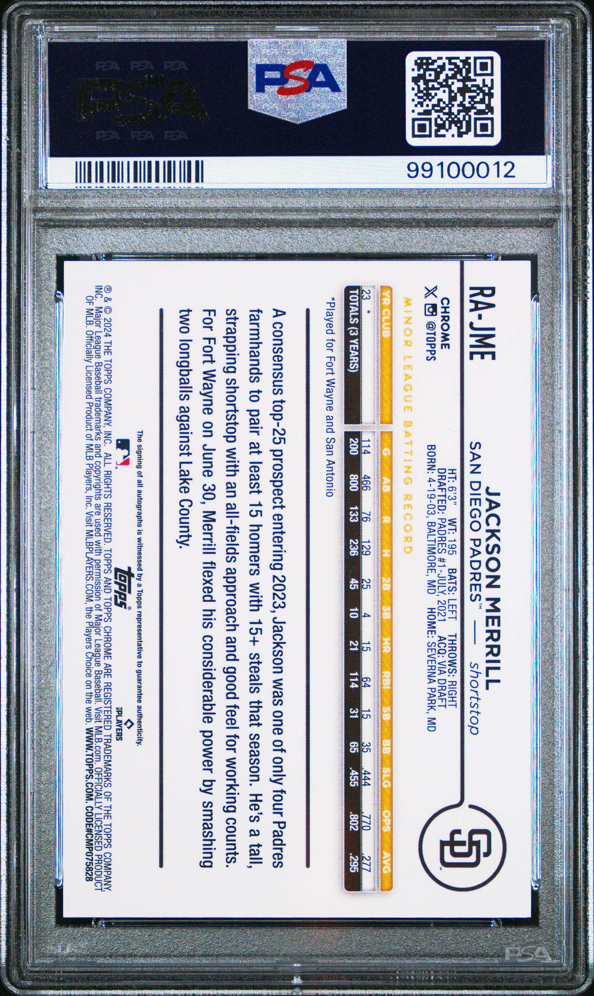 2024 Topps Chrome Rookie Autographs #RAJME Jackson Merrill PSA 10